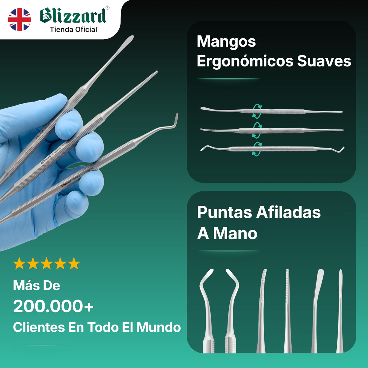 Blizzard Kit Pedicura Profesional 3 Piezas - Herramientas para Uñas Encarnadas y Delicadas - Utensilios de Acero Inoxidable Podología Limpiador Elevador Lima Doble Cuidado de Pies Premium