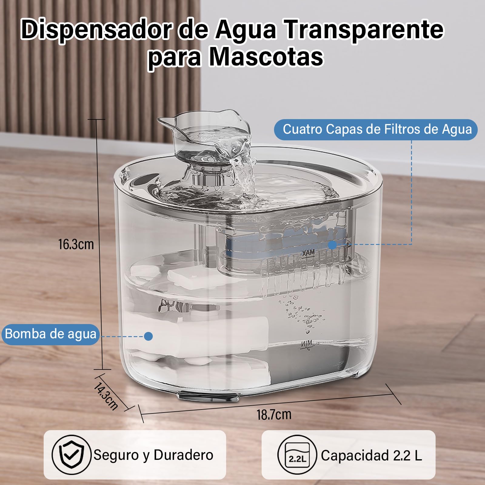 GALASALA Fuente de Agua para Gato, 2.2 L Bebedero para Gato Transparente con Filtro de Agua de Cuatro Capas, Fuente para Gato con Bomba de Agua Silenciosa Ajustable para Gatos, Perros y Mascotas
