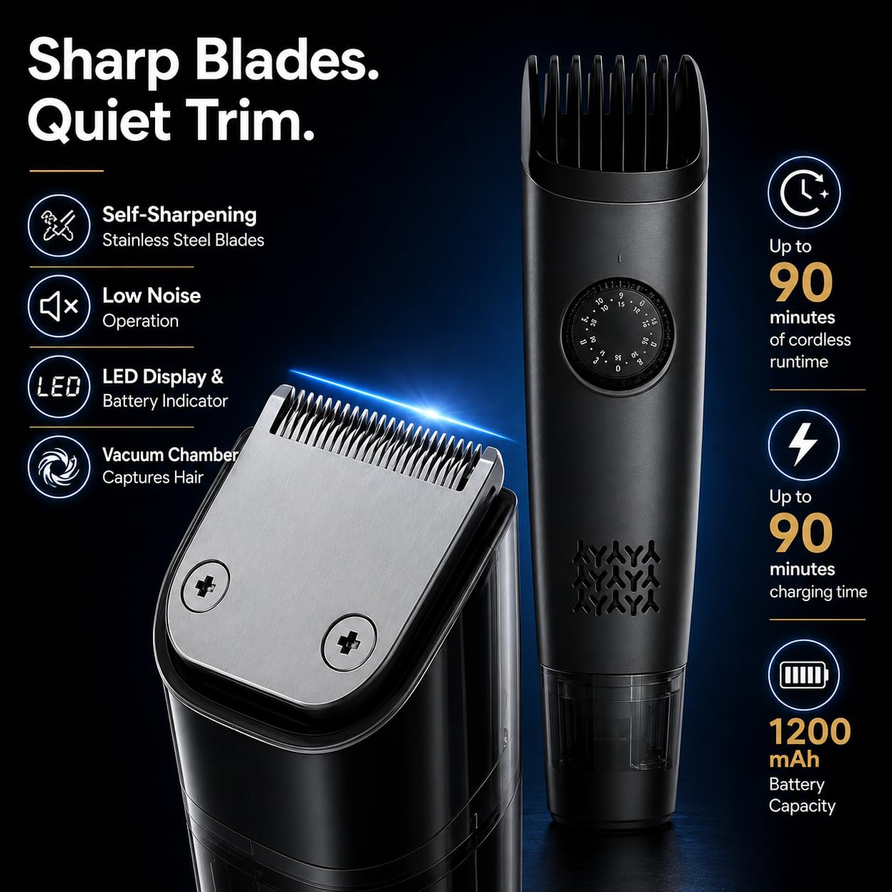 QUUQ Recortadora de barba al vacío para hombre: recortadora de bigote con peine ajustable, inalámbrica, con dial de precisión, silenciosa y resistente al agua.