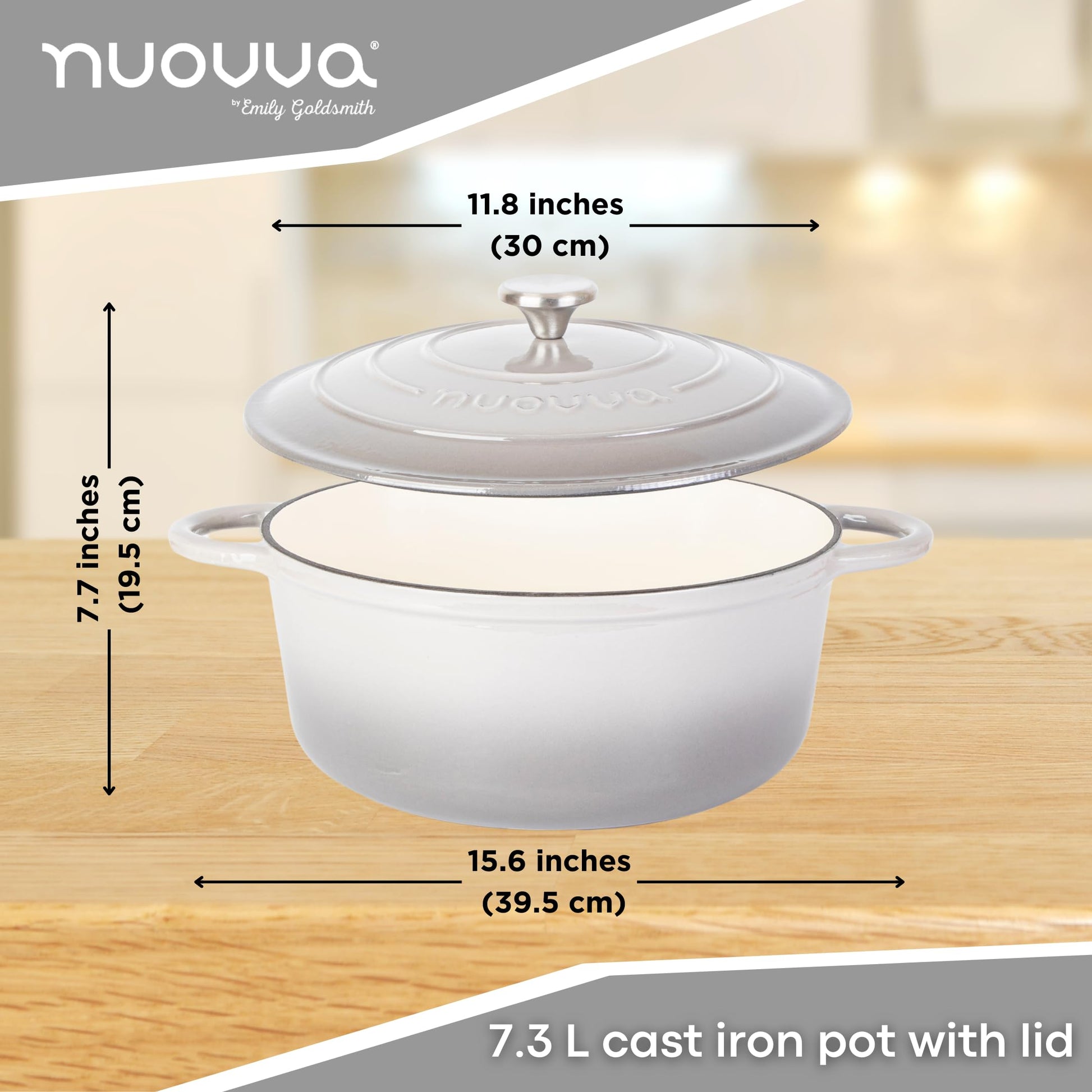 Nuovva - Horno holandés de hierro fundido con tapa - Cacerola esmaltada antiadherente - Utensilios de cocina resistente para horno holandés - Gris, 7.3 cuartos de galón, 30 cm