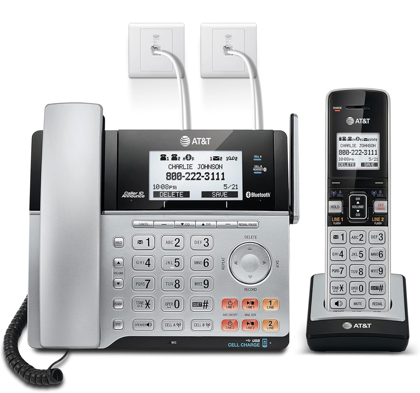 AT&T TL86103 DECT 6.0 Connect to Cell 2 Line Answering System with Caller ID/Call Waiting, 1 Corded & 1 Cordless Handset, Silver/Black