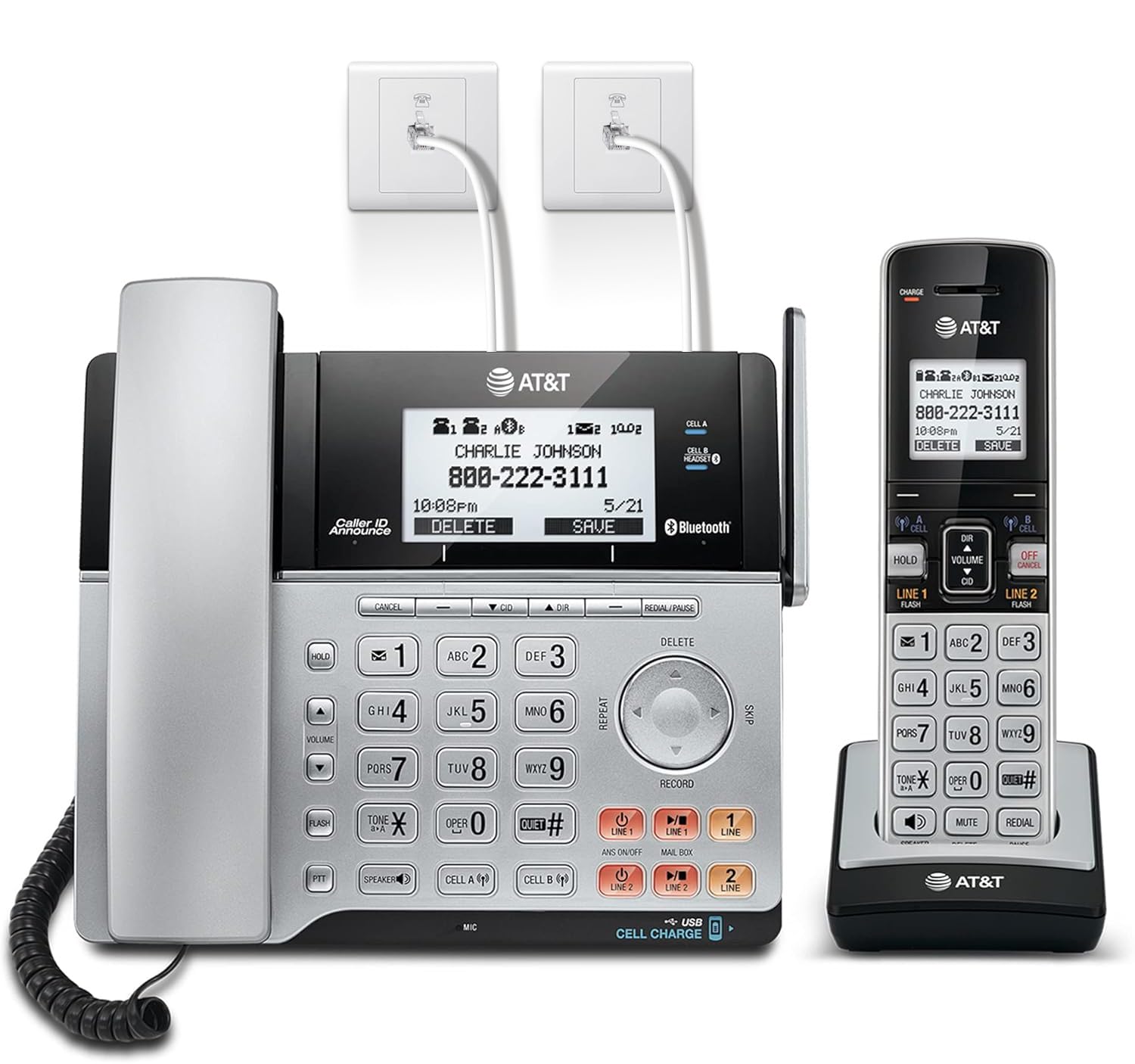 AT&T TL86103 DECT 6.0 Connect to Cell 2 Line Answering System with Caller ID/Call Waiting, 1 Corded & 1 Cordless Handset, Silver/Black
