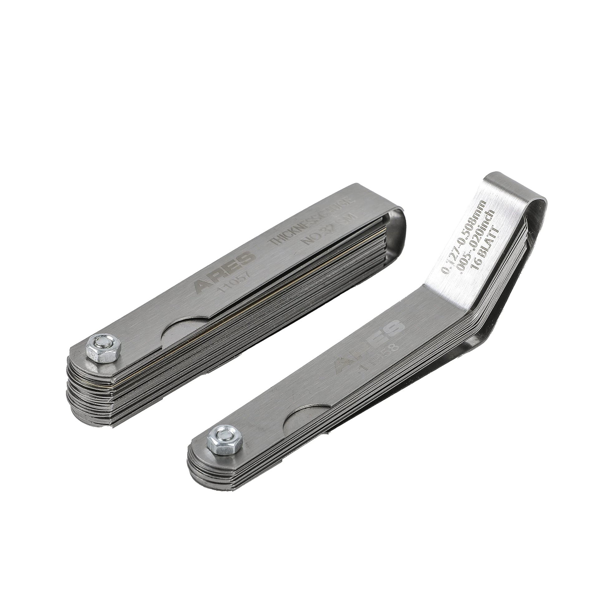 ARES 11043 - Juego de 2 medidores rectos y sensores de compensación – El medidor recto tiene 32 tamaños SAE y métricos de doble marca – El desplazamiento tiene 16 tamaños de doble marca – Mide con precisión las holguras mecánicas