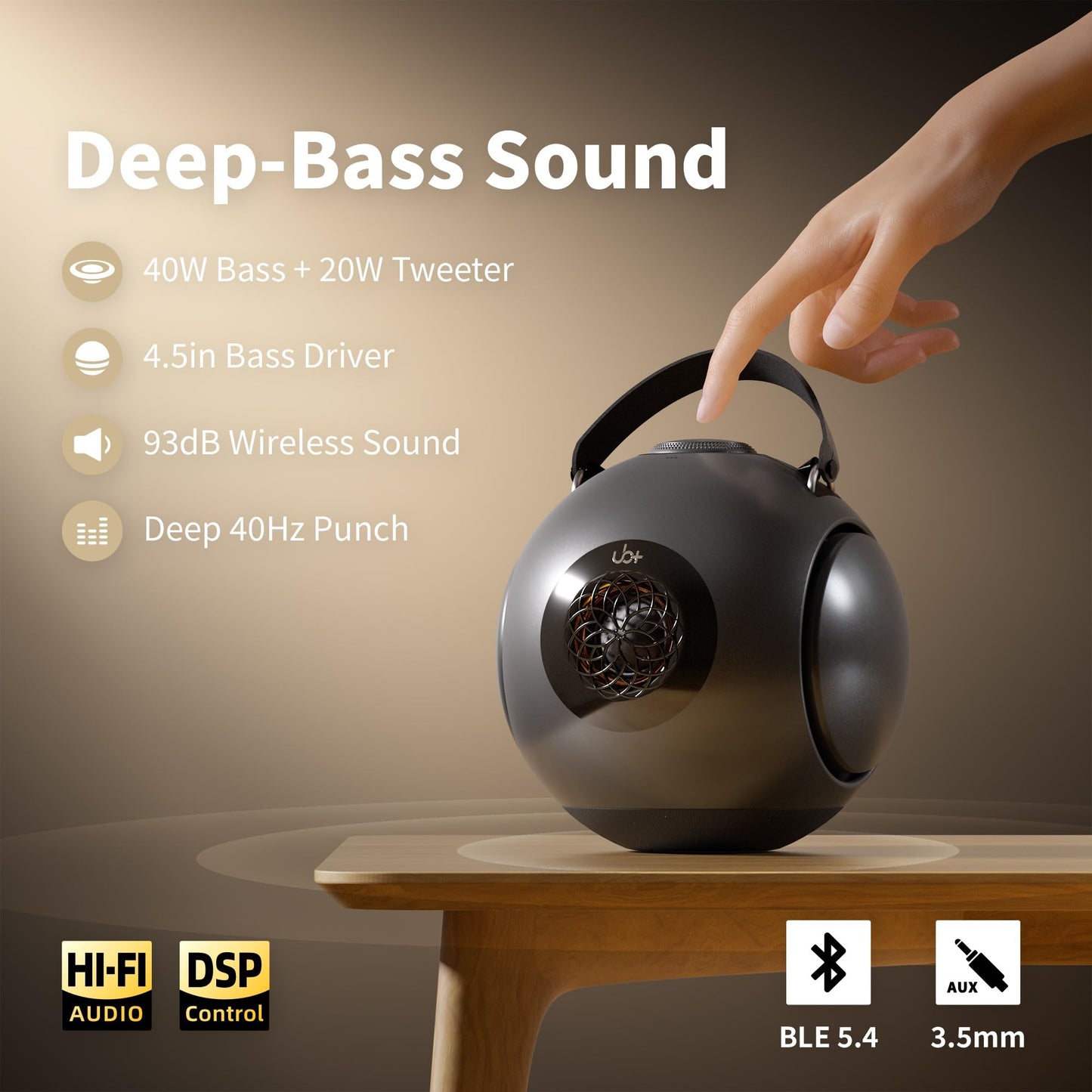 UB+ dB1 Altavoz Bluetooth de Doble Bajo | Sonido Hi-Fi Potente de 40W con Bajos Extremadamente Profundos, 20H de Tiempo de Reproducción, Resistente al Agua IPX5 y TWS (Gris Metálico Satinado