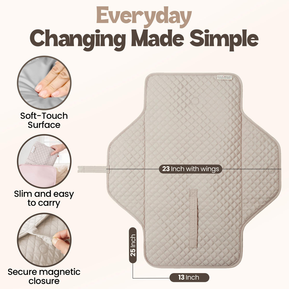 Lily Miles - Cambiador portátil para bebé, cambiador de pañales con cierres magnéticos, almohadilla de viaje para bolsa de pañales, esencial para bebé, tapete lavable e impermeable (arena suave