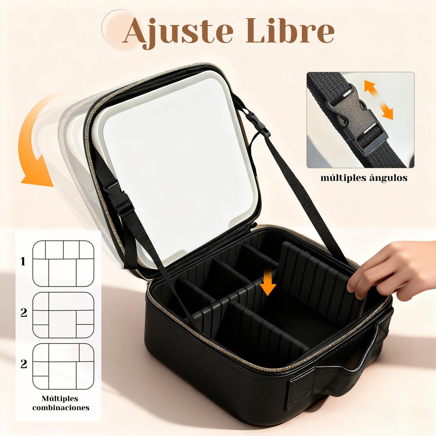 Cosmetiquera para Maquillaje con Espejo y Luz, 6 Divisores Ajustables-Negro