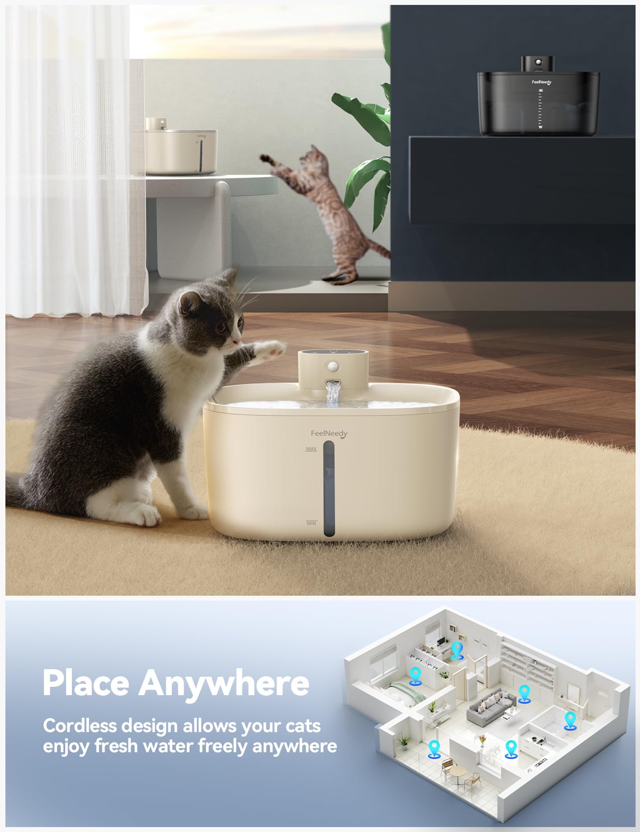 Fuente de Agua Inalámbrica FEELNEEDY para Gatos 4L con Sensor de Movimiento, Ultra Silenciosa