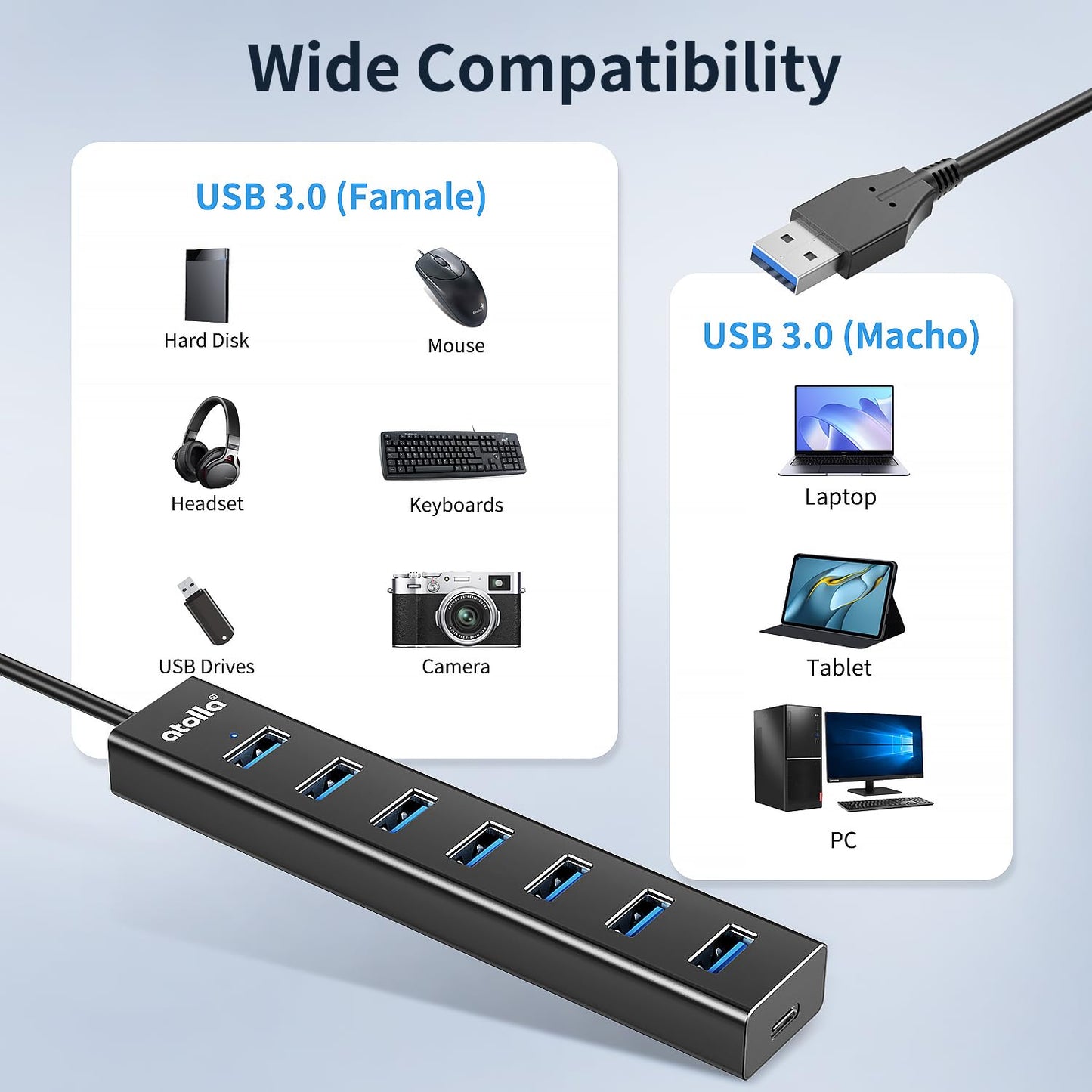 atolla 7 en 1 Hub USB 3.0, 7 Puertos Multi USB de Aluminio con Cable Extensión de 1m, Adaptador de 5Gbps USB A para PC, Laptop, PS4, PS5, Xbox, Disco U, Impresora, Ratón, Teclado etc.