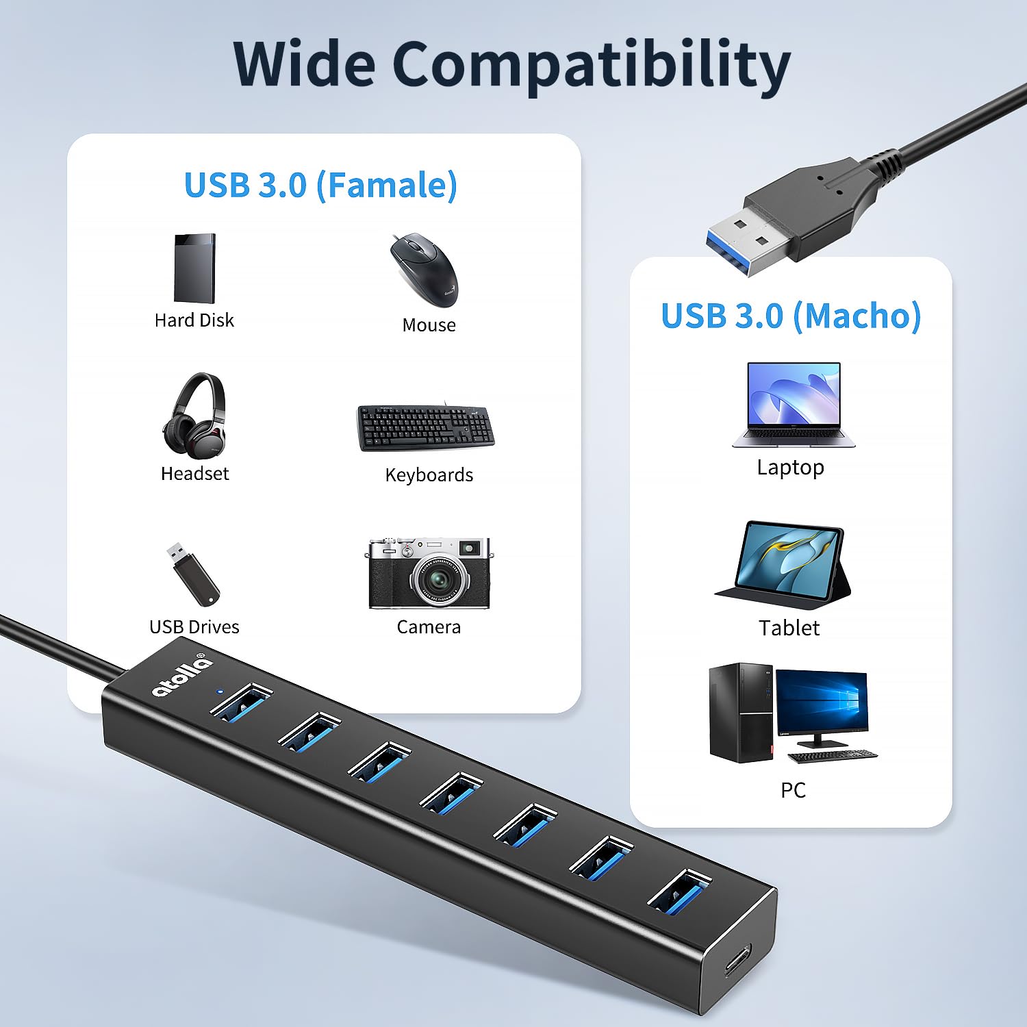 atolla 7 en 1 Hub USB 3.0, 7 Puertos Multi USB de Aluminio con Cable Extensión de 1m, Adaptador de 5Gbps USB A para PC, Laptop, PS4, PS5, Xbox, Disco U, Impresora, Ratón, Teclado etc.