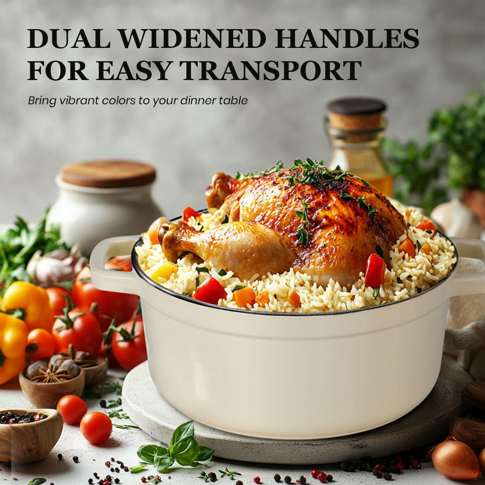 Overmont Cacerola de hierro fundido esmaltado, 26 cm, apta para horno, con tapa y libro de cocina, para asar, cocina, hornear, guisar, color blanco