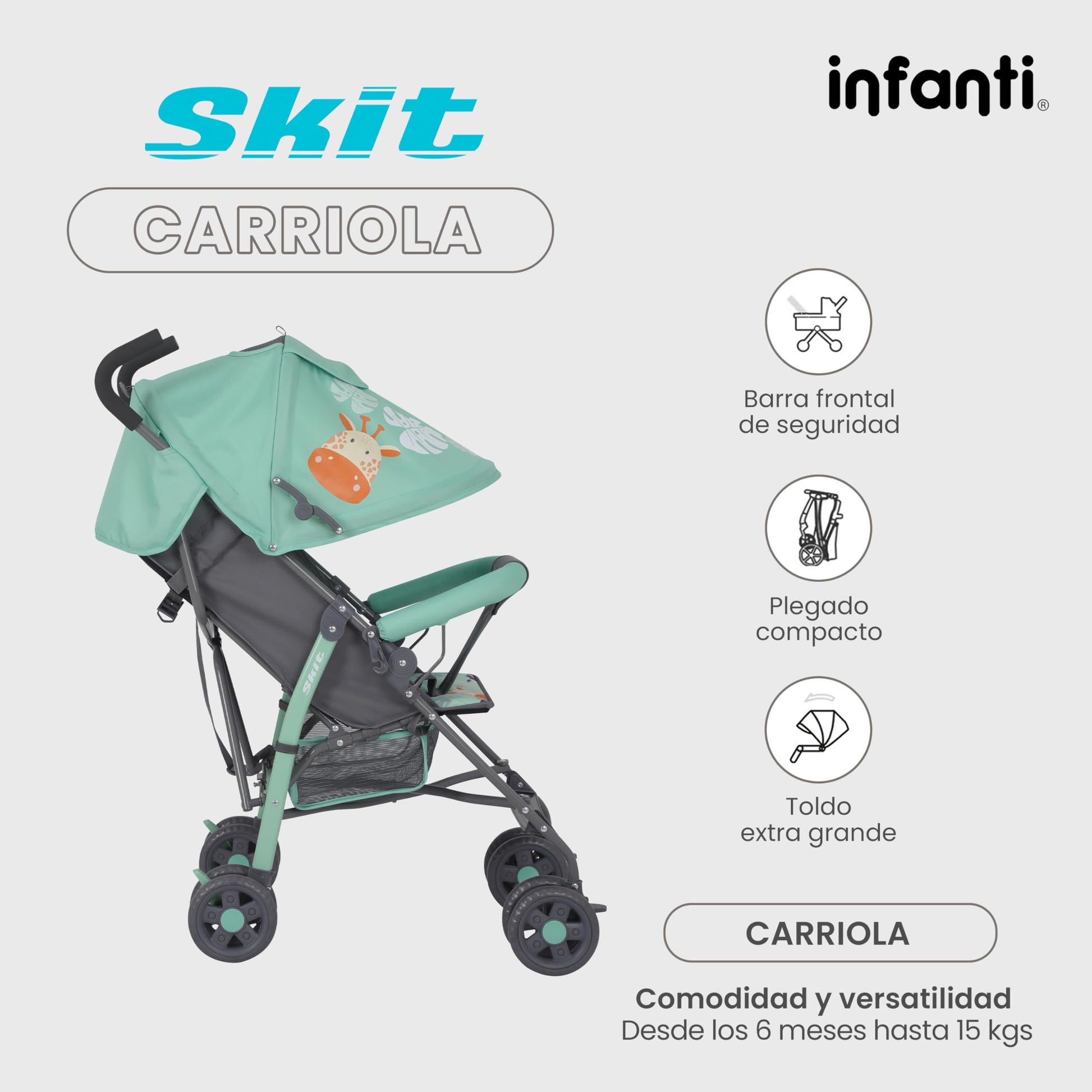 INFANTI | Carriola para Bebe de Baston SKIT | Carriola de Viaje - Carrito para Bebe | Cosas para Bebes 6 Meses hasta 15 kg - Compacta y Plegable | Carriola de Baston Ligera con Arnés de Seguridad