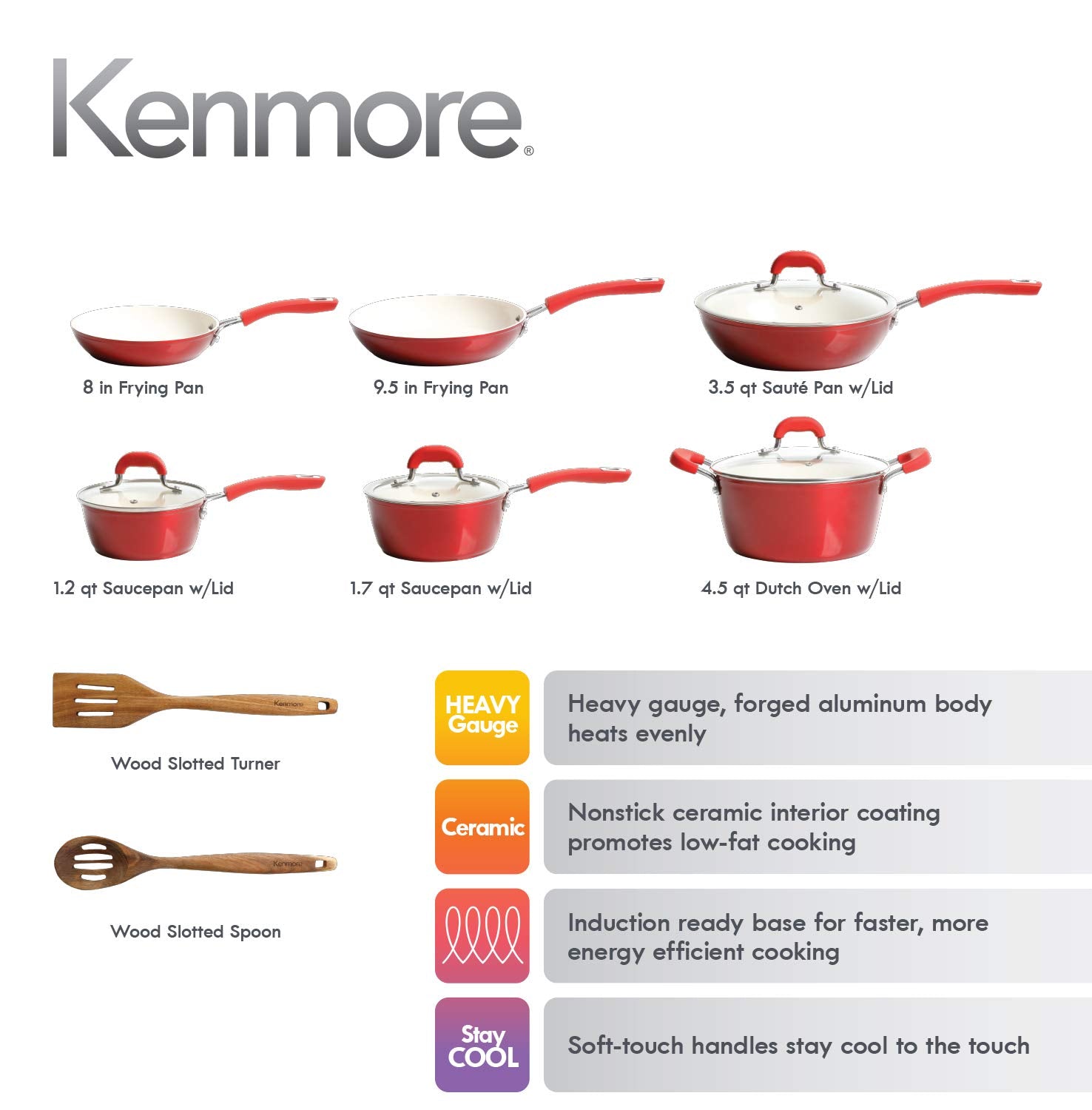 Kenmore Arlington Healthy antiadherente cerámica recubierta de aluminio forjado utensilios de cocina, 12 piezas, color rojo metálico