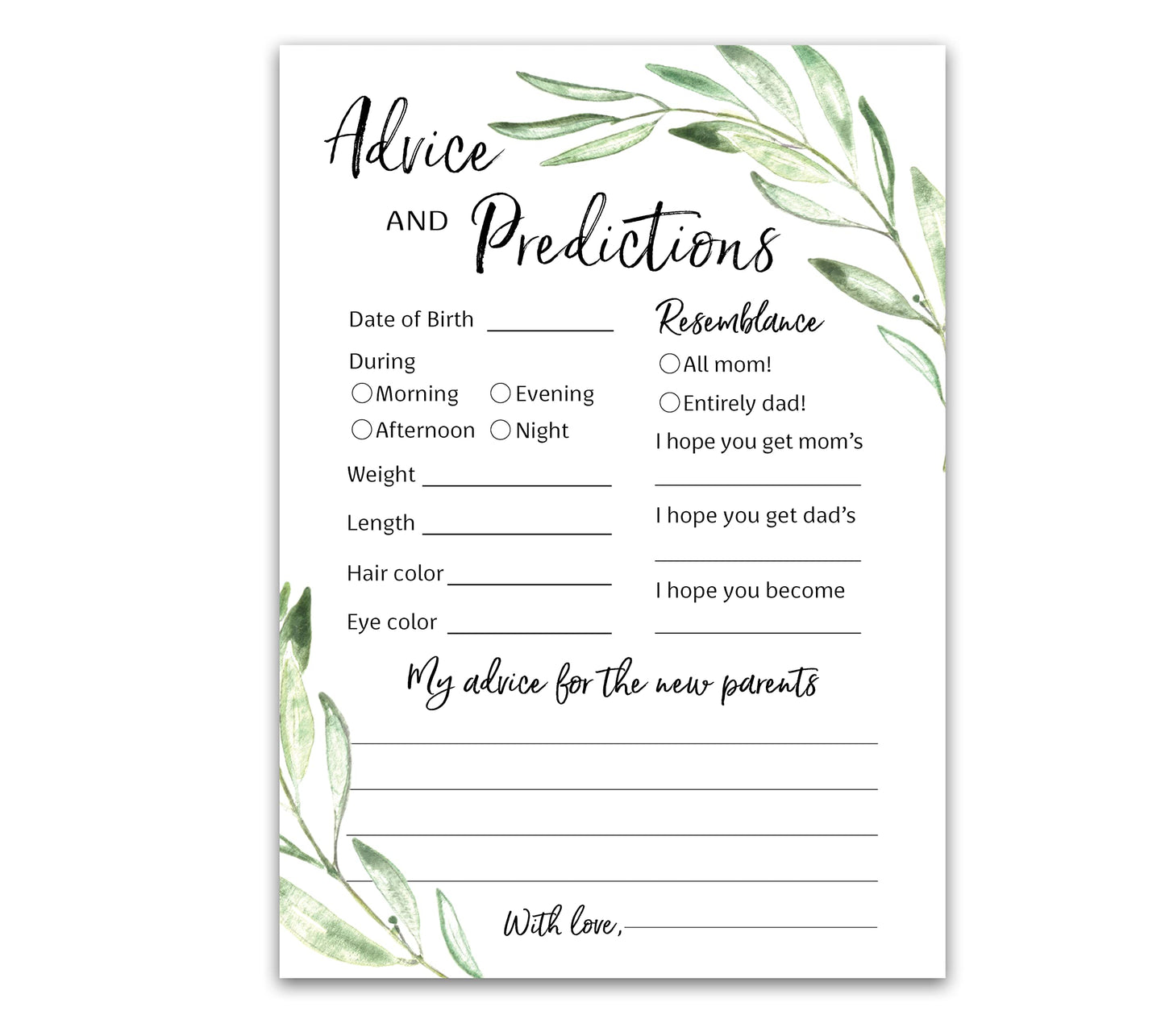 GREENERY - Tarjetas de predicción y consejos, paquete de 25 unidades, mensaje para padres de mamá y papá para ser mamá y papá, rústico floral verde oliva rama para parejas, ducha de acuerdo, libro de