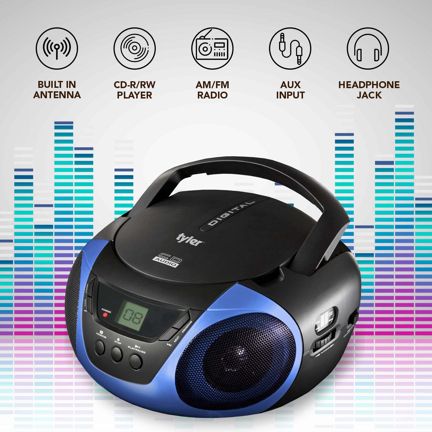 Reproductor de CD Portátil Tyler Azul con Radio AM/FM y Entrada Auxiliar