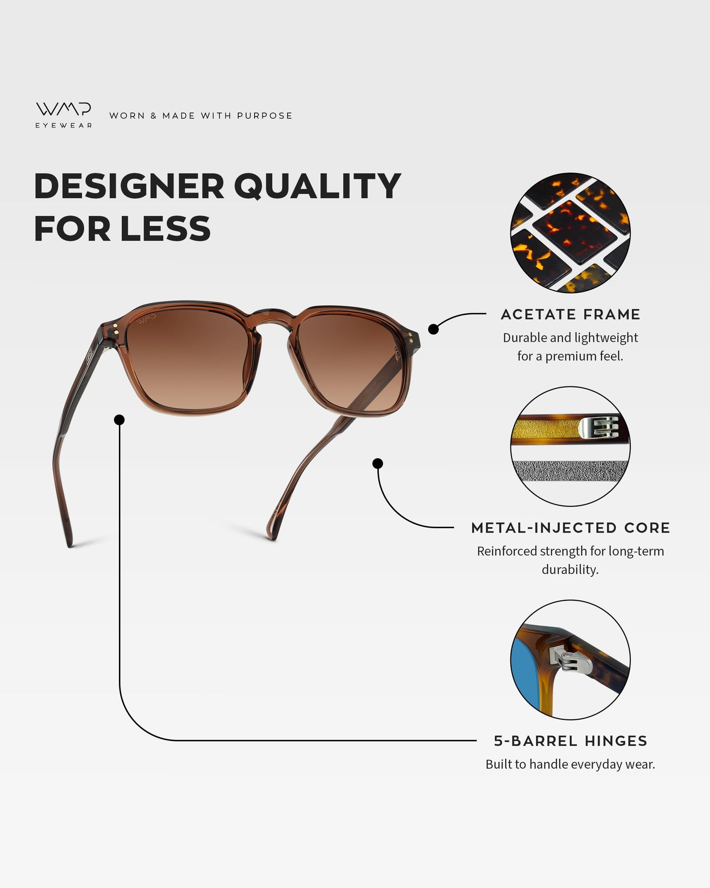 WearMe Pro Gafas de sol cuadradas polarizadas para hombre – Ajuste ancho, estilo retro, UV400, montura ligera para conducir y uso diario (marrón terracota/marrón cobre degradado L