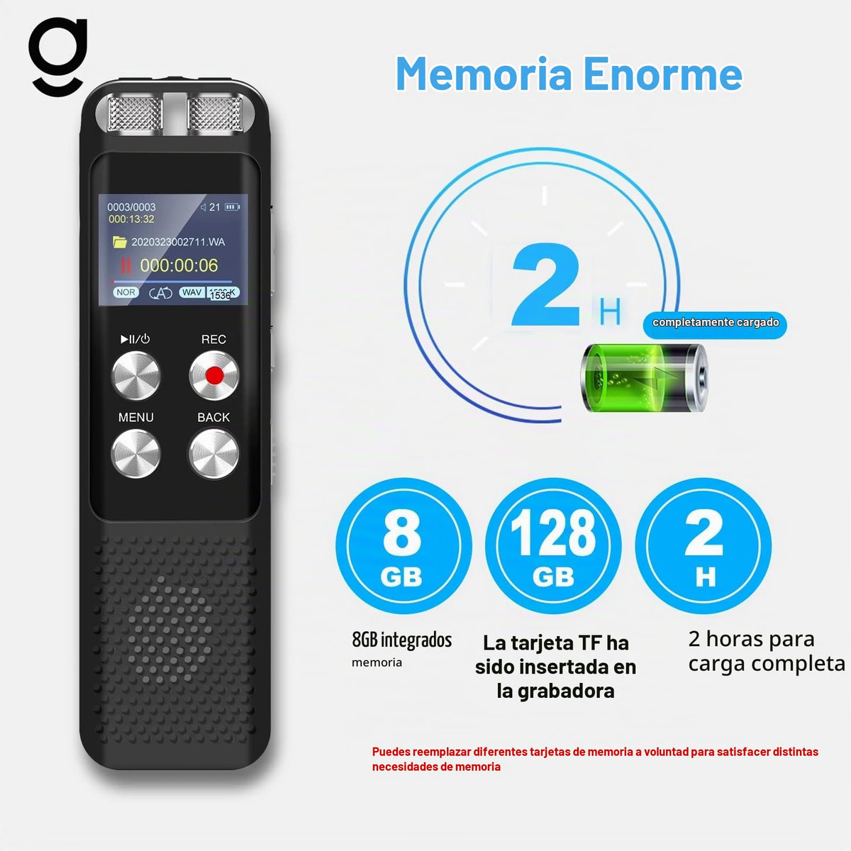 Grabadora de Voz Digital G 136GB con Reproducción y Contraseña para Conferencias y Reuniones