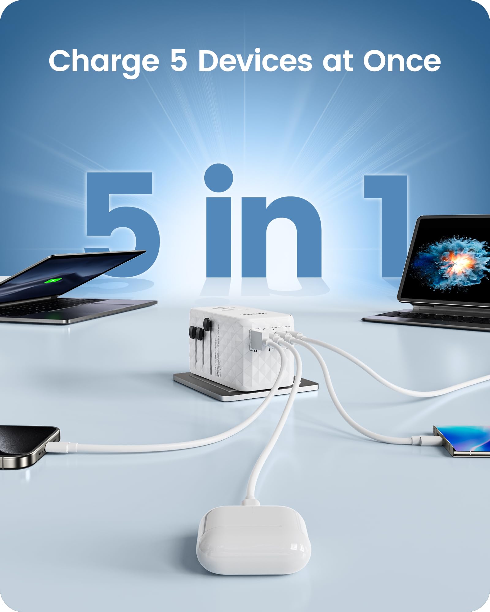 LENCENT Adaptador Universal de Viaje, 120W Internacional con 1 USB y 3 USB-C PD Carga Rápida, Cargador Europeo con Enchufe Tipo A/C/G/I para USA/UE/Reino Unido/Australia, Blanco