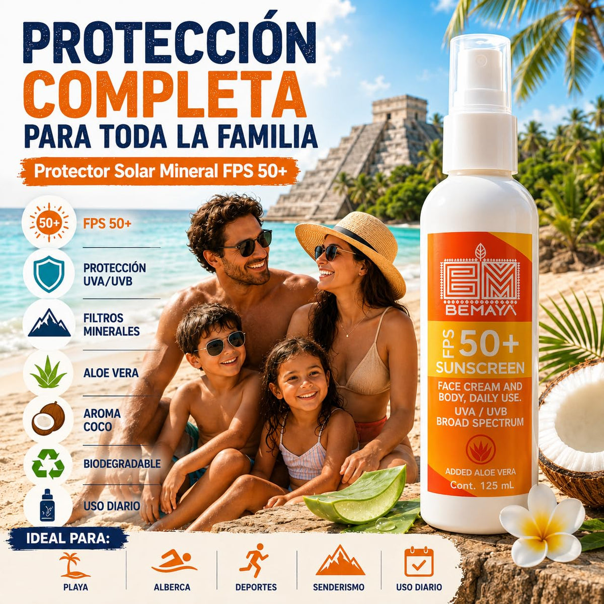 Bemaya Protector Solar Mineral Coco FPS 50+ | Bloqueador Corporal UVA/UVB | Biodegradable | 125 ml