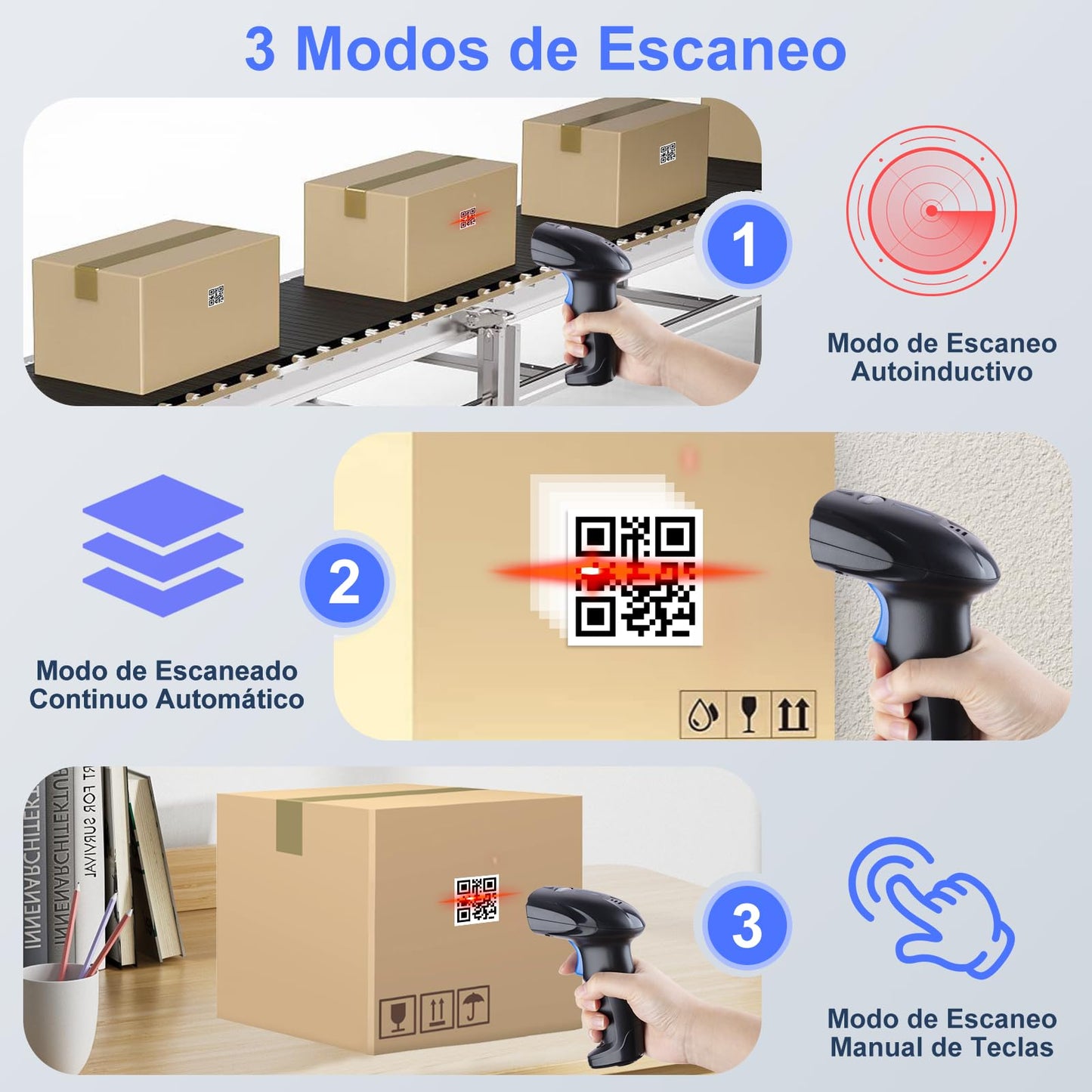 Escaner Codigo de Barras 3 en 1 - 2D 1D Lector Código de Barras Bluetooth Inalámbrico 2.4GHz - Scanner Código de Barras Láser Alámbrico para Supermercado/Biblioteca/Teléfono Android/iOS/PC/Windows/Mac