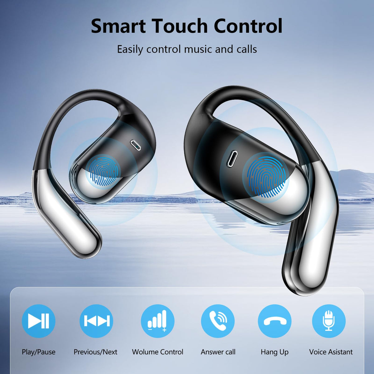 Auriculares Inalámbricos de Conducción Ósea con Ganchos Negros y Funda de Carga LED