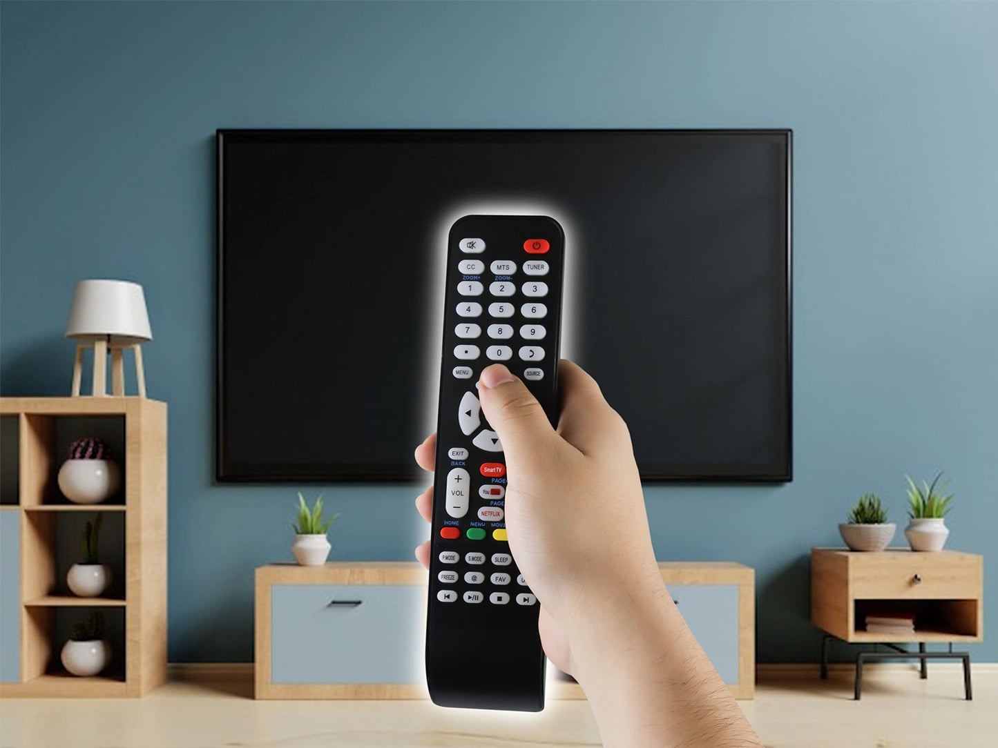 Control Remoto ATVIO Smart TV Letras Azules Pantalla
