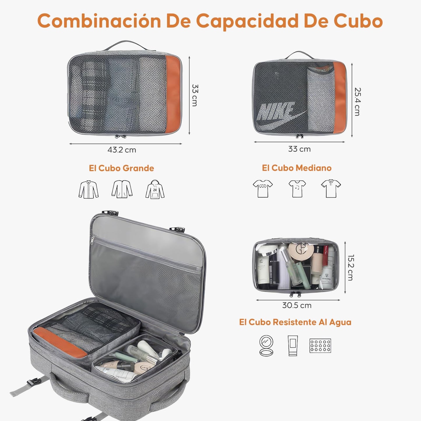 Mochila de Viaje 40L Avion Gris Resistente al Agua con Cubos de Embalaje para Hombres y Mujeres