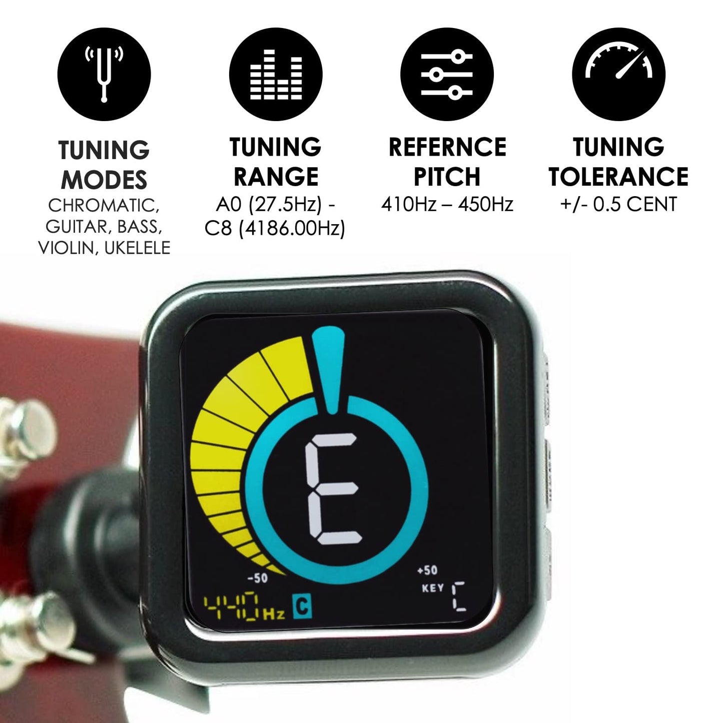 KLIQ UberTuner-Max, sintonizador de clip recargable por USB para guitarra, bajo, violín, ukelele y todos los instrumentos, afinación cromática rápida y precisa con visualización de octava y detección