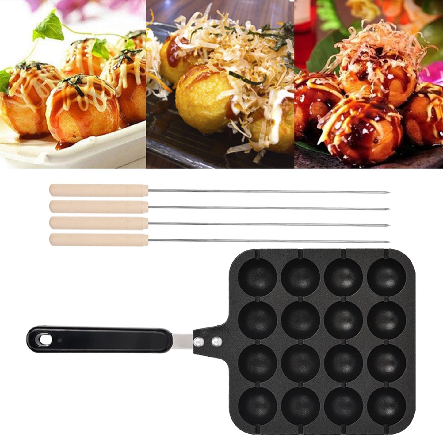 Plato Antiadherente para Parrilla Takoyaki Sólido con 16 Agujeros y 4 Pines para Hornear