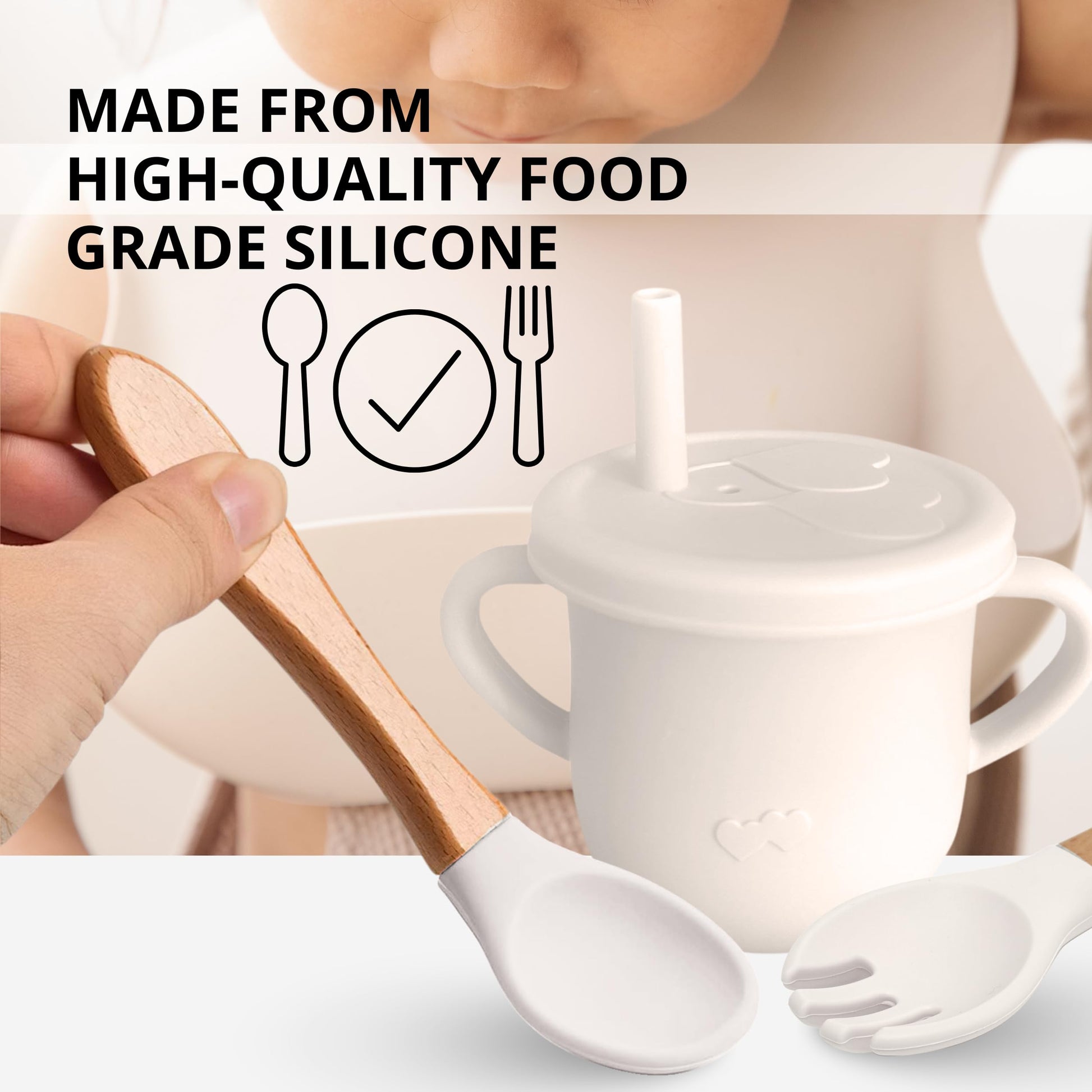 Beige Silicone Feeding Set of 9 – Food Grade Silicone Toddler Self Feeding Dish Set for Feeding Tableware Snack Cover Cups with Straws Forks Spoons Adjustable Bib Easy to Clean Baby Eating Utensils