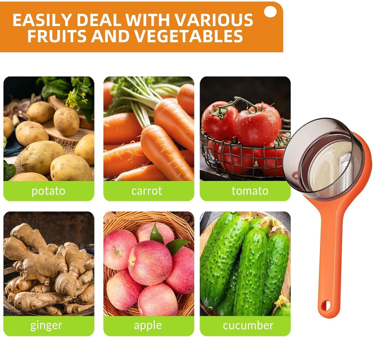 Liahelianx Pelador de Frutas y Verduras Reversible con Caja - Acero Inoxidable, Multifuncional, Trampa de Residuos, Utensilio de Cocina para Pelar con Hoja Giratoria (Naranja)