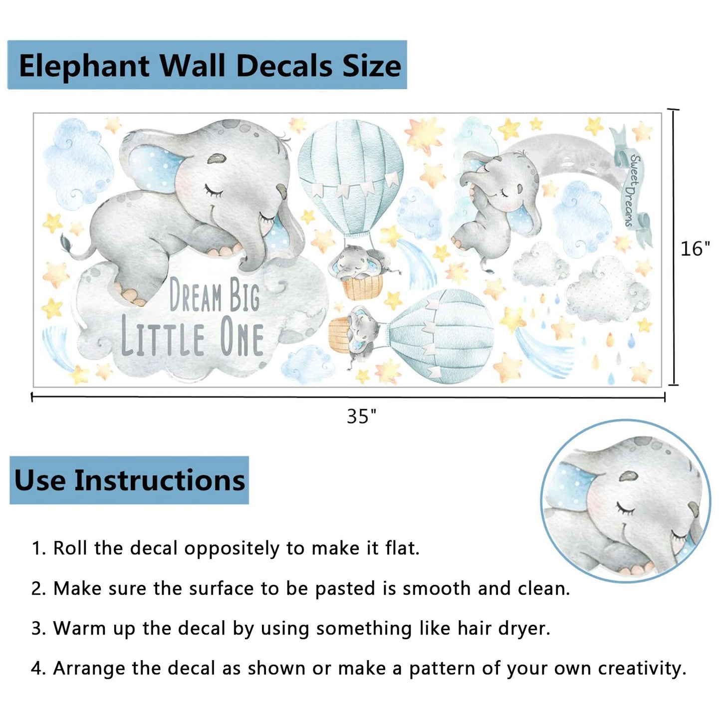 Yovkky - Calcomanías de Pared con Diseño de Elefante de Acuarela Azul, Luna y Globo de Aire Caliente, Decoración para Cuarto de Bebé, Habitación, Sala de Juegos, Vinilo Extraíble e Impermeable