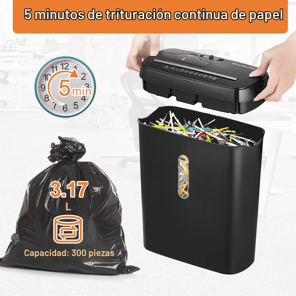 Trituradora de Papel Woolsche Negro Corte de Tira 10 Hojas para Oficina en Casa
