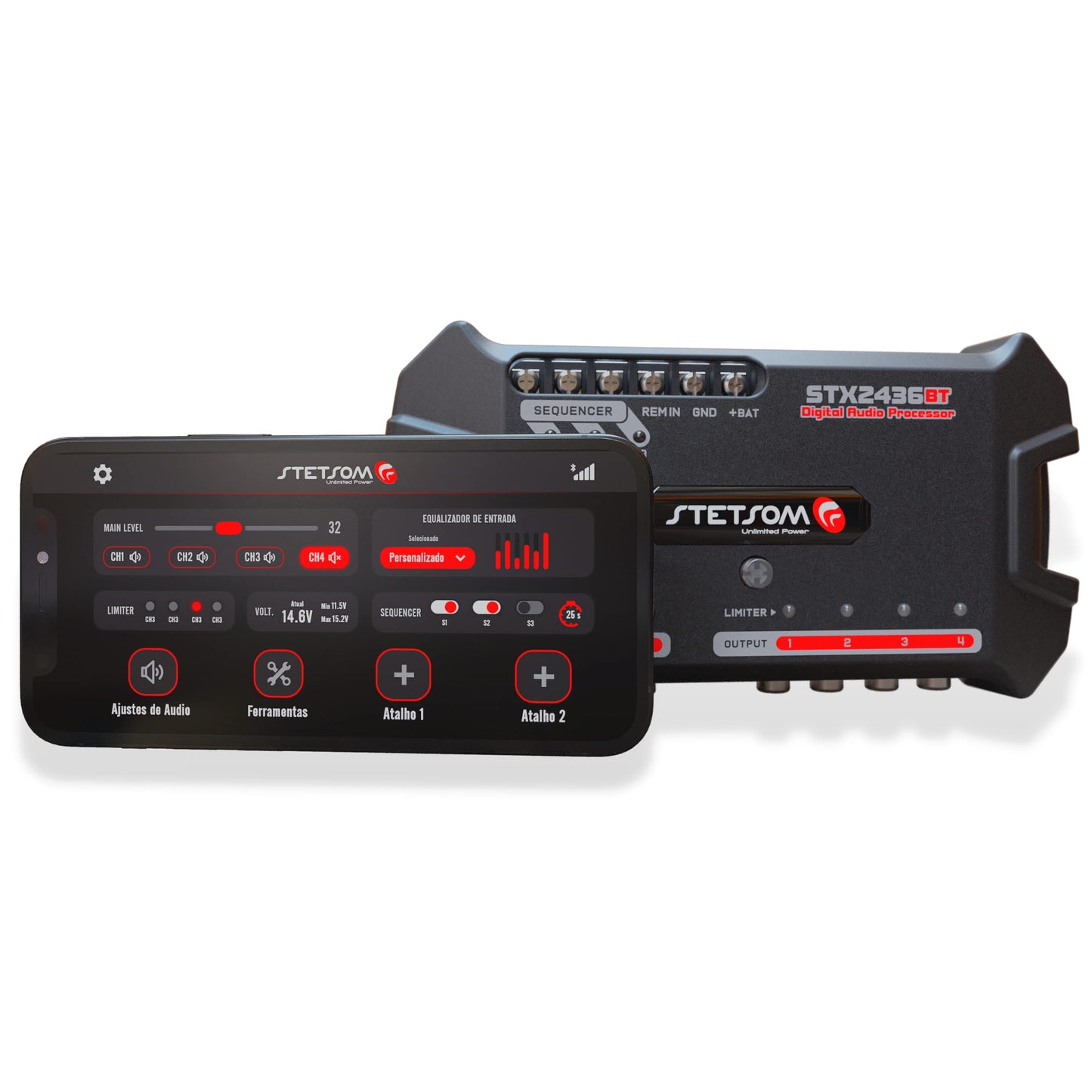 Stetsom STX 2436 BT DSP Bluetooth (nueva versión 2022) Procesador de señal digital completo bandas gráfico ecualizador de alta precisión filtros cruzados voltímetro
