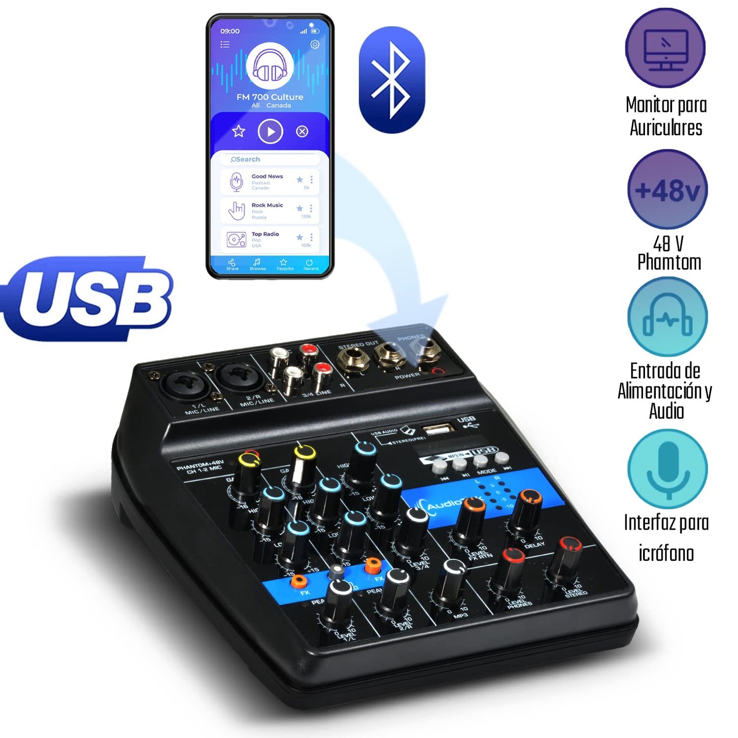 AUDIOTEK Mezcladora de Sonido 4 Canales Control de Efectos Mixer USB Interfaz Bluetooth DJ Potencia de 10 W Conexion Audifonos Phantom Power Consola de Audio Mezcladoras Reproductor y Grabador MP3