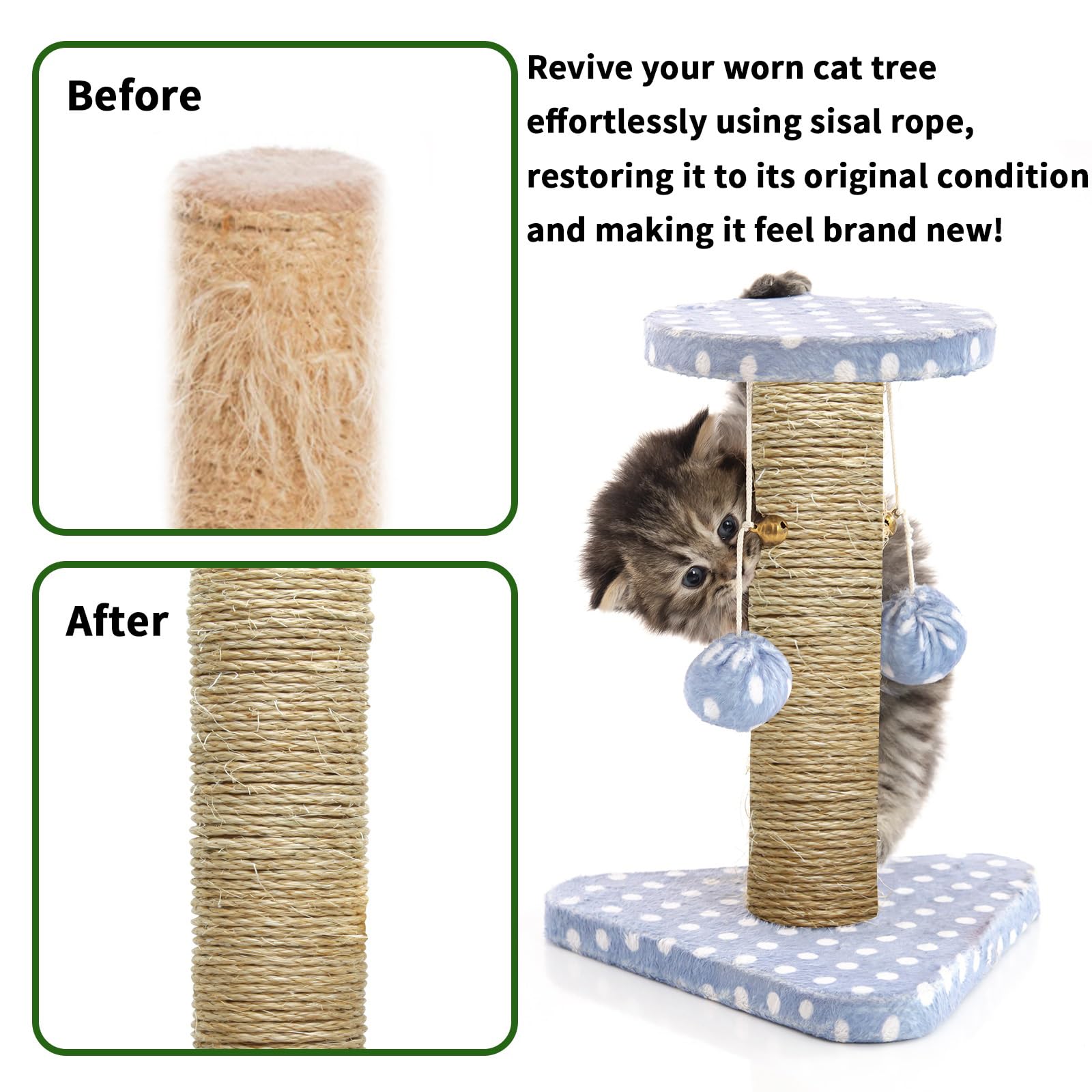 Cuerda de Sisal Natural TienYow 4mm 164 Pies para Reparación de Rascador para Gatos y DIY Árbol para Gatos