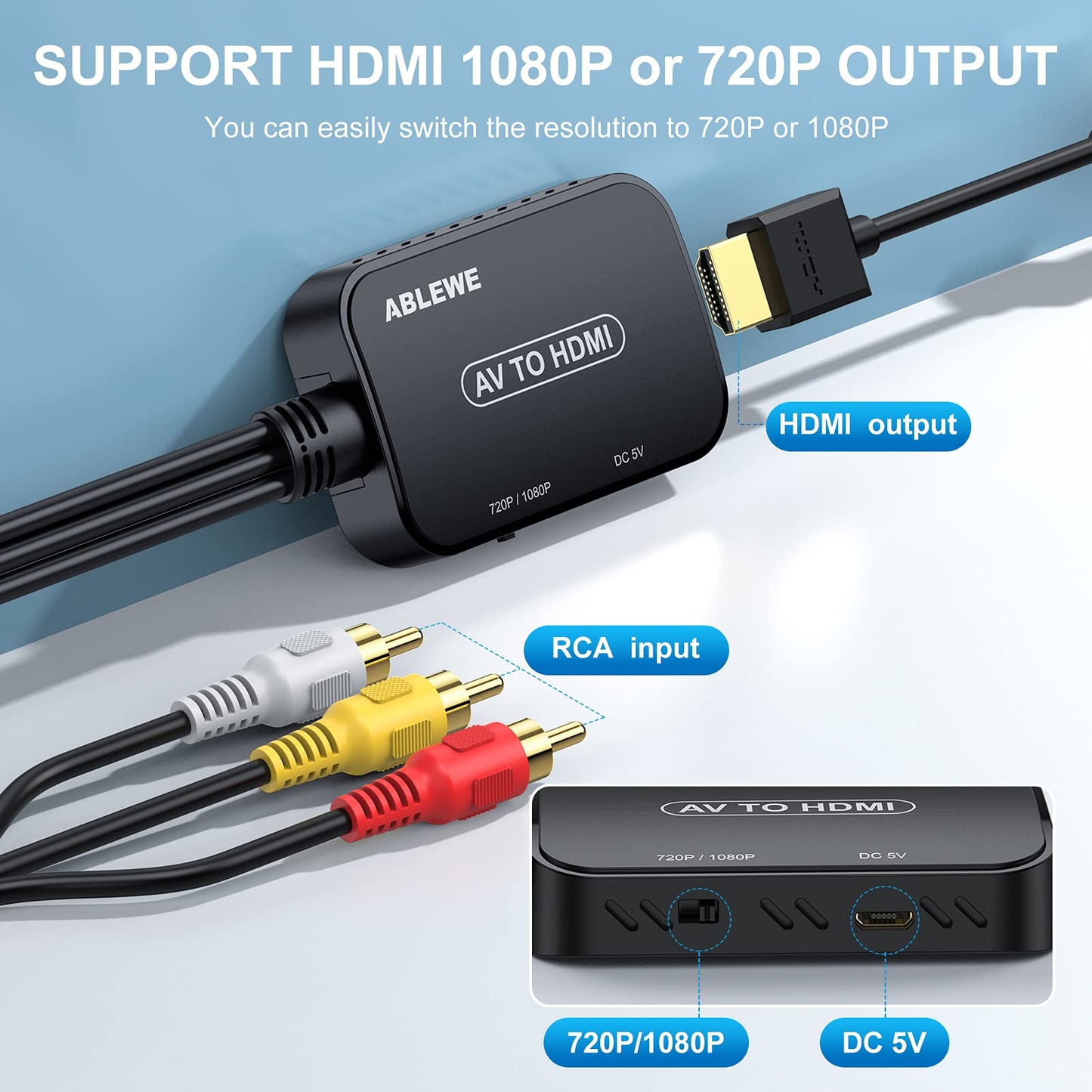 ABLEWE Convertidor RCA a HDMI, convertidor AV a HDMI con cable RCA y cable HDMI compatible con PAL/NTSC para reproductores de DVD Roku/VHS/VCR/Blue-Ray