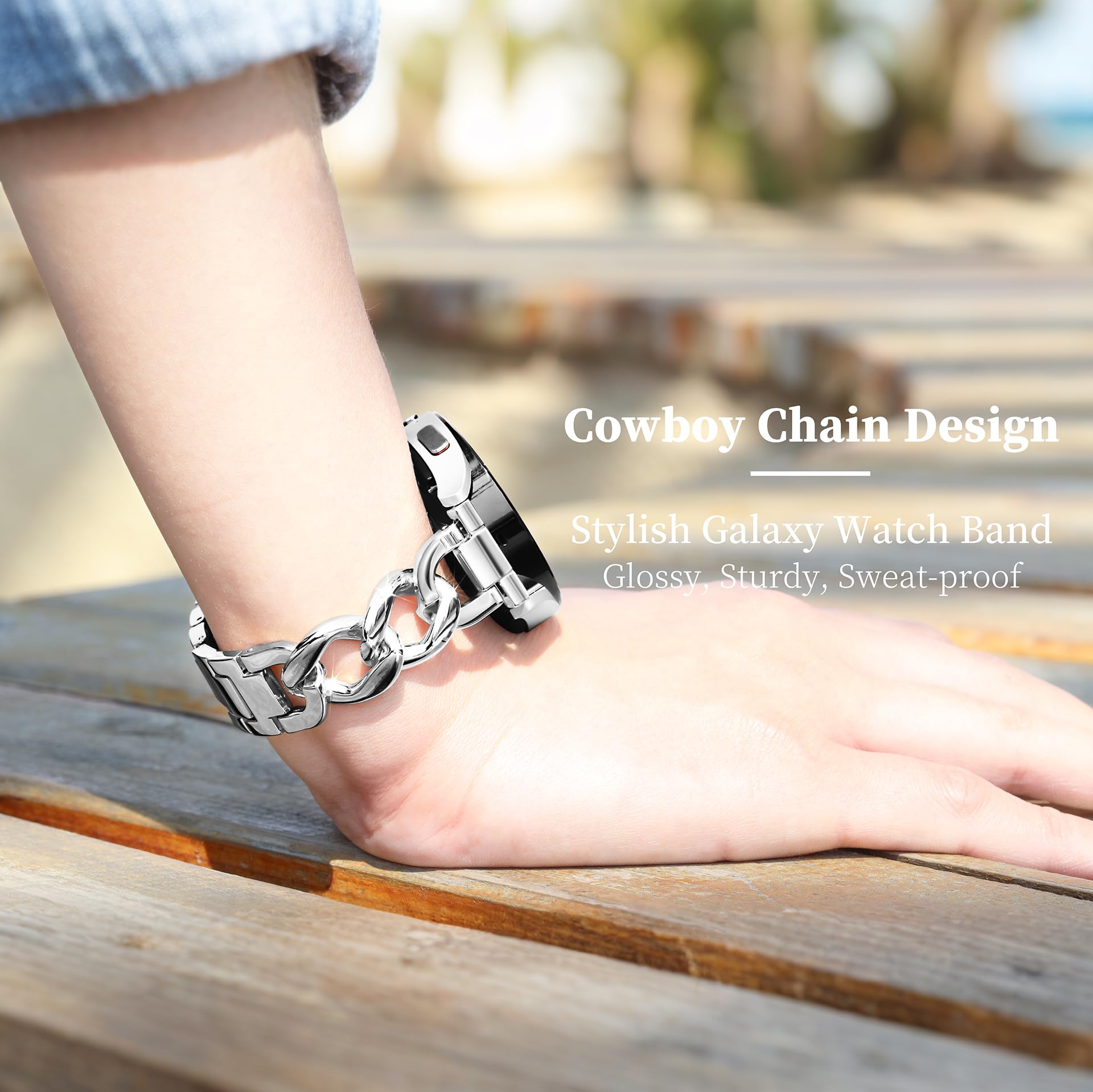 G-ficu Galaxy Watch 7 6 5 4 FE Band 20 mm Cowboy Chain para Samsung Galaxy Watch 7 6 5 4 Band 40 mm 44 mm, bandas de metal para mujer para Samsung Watch Band 4 6 Classic/3 41 mm/Active 2 - Plata