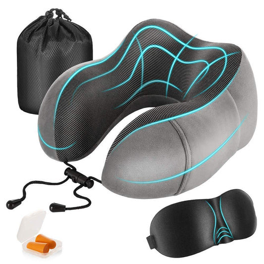 Almohada de Viaje MCSWKEY Gris Oscuro Viscoelástica con Soporte Cervical y Accesorios