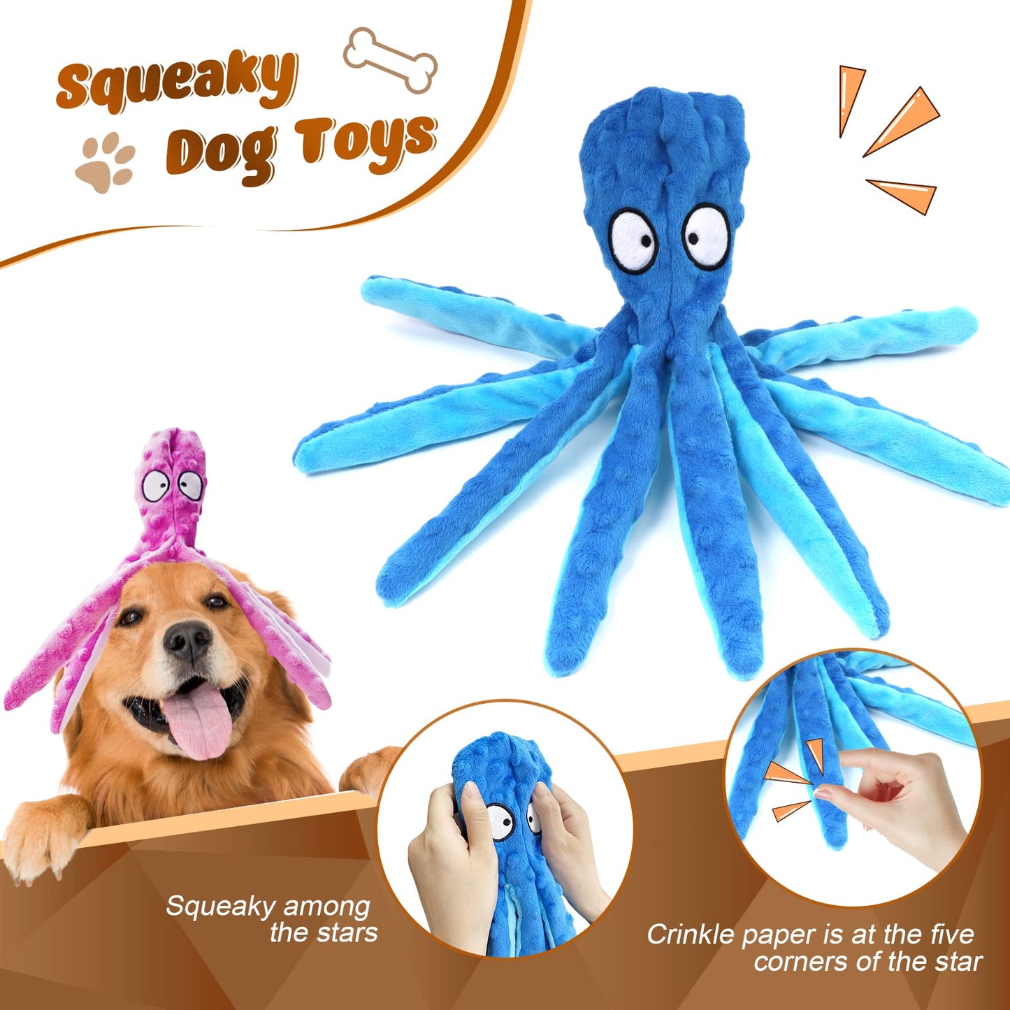 MANOPAWS - Juguetes chirriantes para perros, paquete de 3 juguetes para perros pequeños, perros medianos, perros grandes, juguetes masticables para dentición de cachorros, masticadores agresivos, juguetes de peluche sin relleno (pulpo)