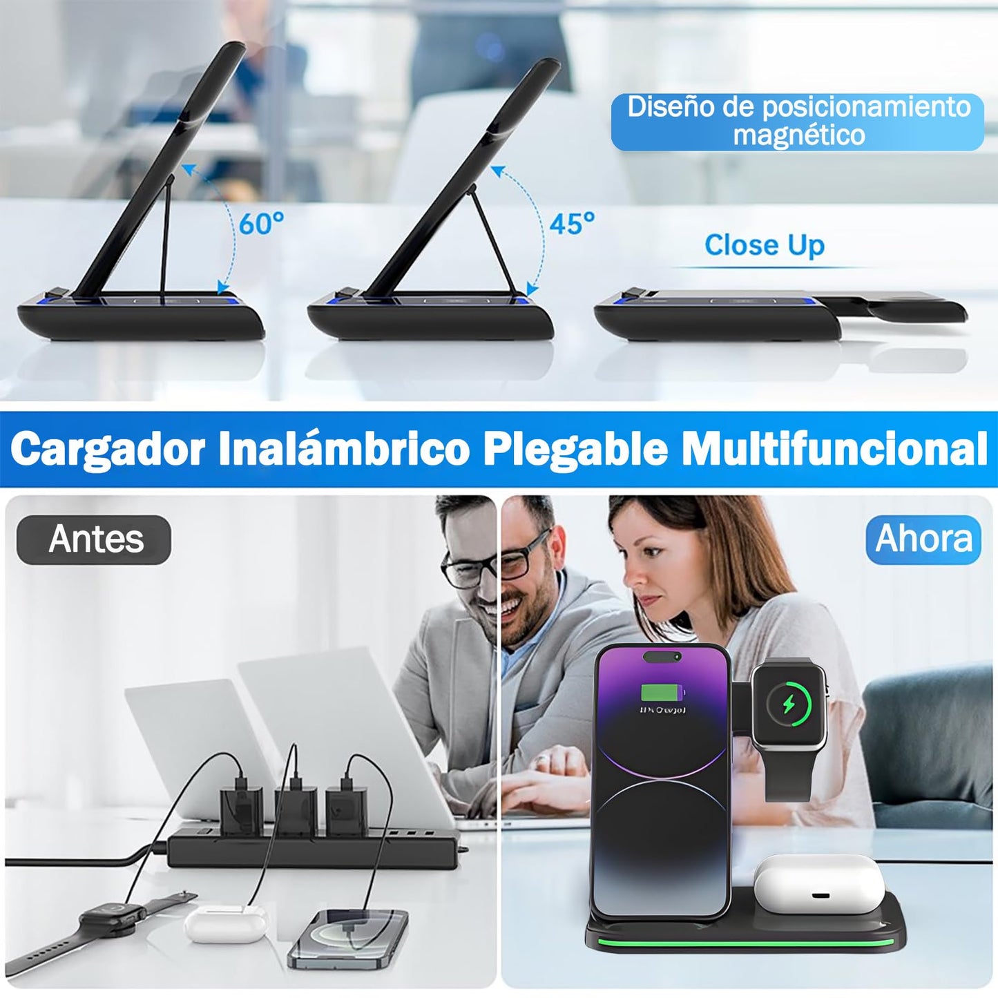 DKJBF Estación de Carga 3 en 1 Inalámbrica con Cable USB e Indicador LED - Compatible con iPhone, Samsung, Apple Watch Series 8/7/6/5/4/3/2/SE y AirPods 2/3/Pro