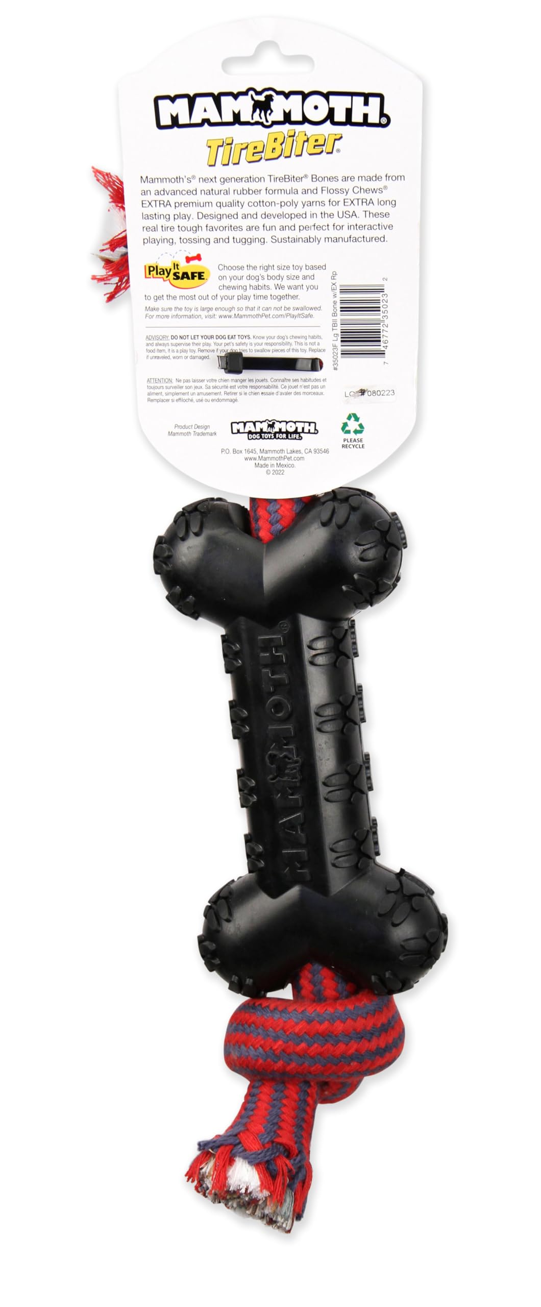 Mammoth Pet Products TireBiterII Bone with Extra Cotton-Poly Rope â€“ Natural Rubber Dog Toys for Extreme Chewers â€“ Aggressive Chewer Toys for Dogs - Large 15â€, Black (35023F)