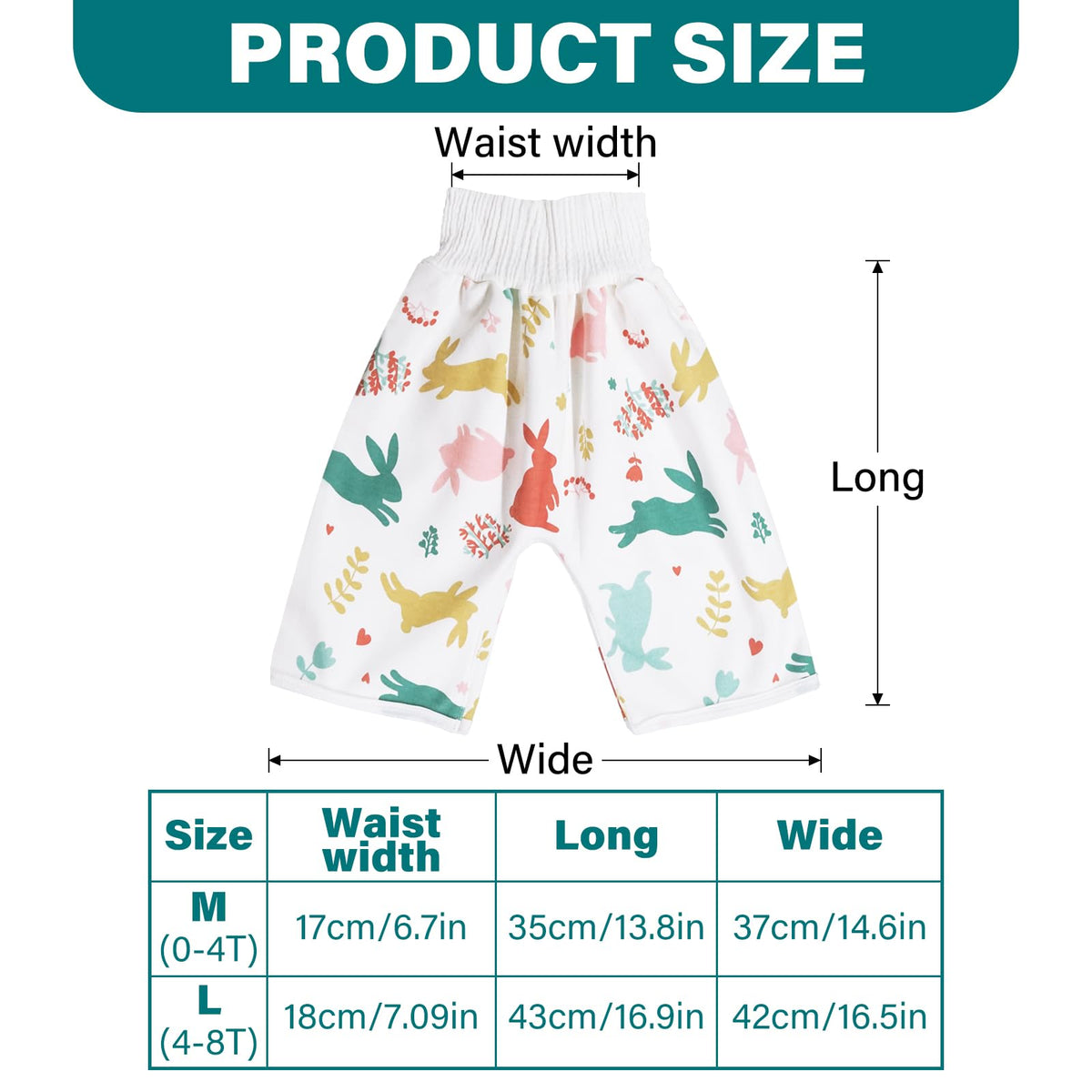 Pantalones de pañales impermeables para bebés y niños, paquete de 2 pantalones absorbentes para entrenamiento para niños y niñas, uso de día y noche (pantalón de conejo + falda)