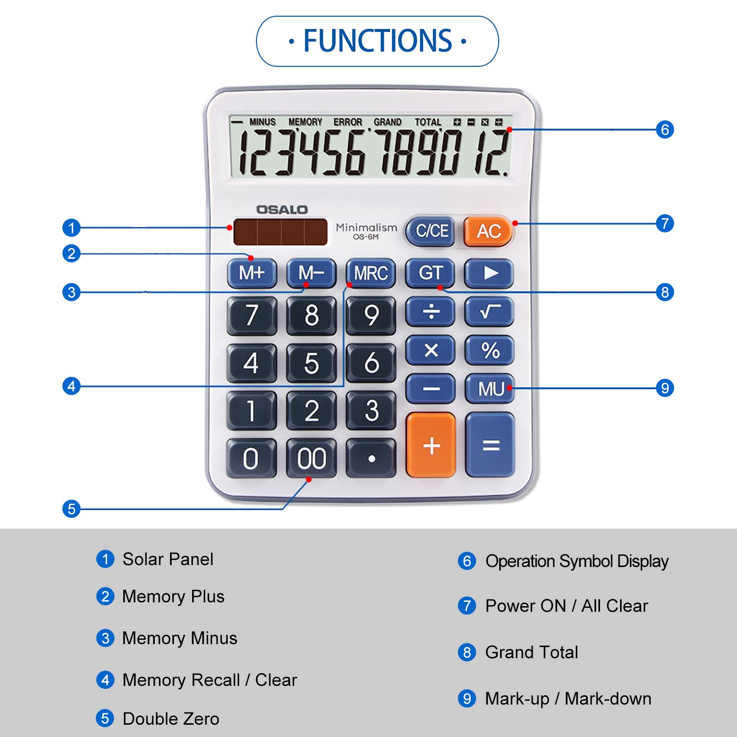 Calculadora de escritorio Pantalla LCD grande Número de 12 dígitos Calculadora básica de bolsillo portátil de mano con botón sensible grande, para uso en la oficina, el hogar y la escuela (OS-6M)