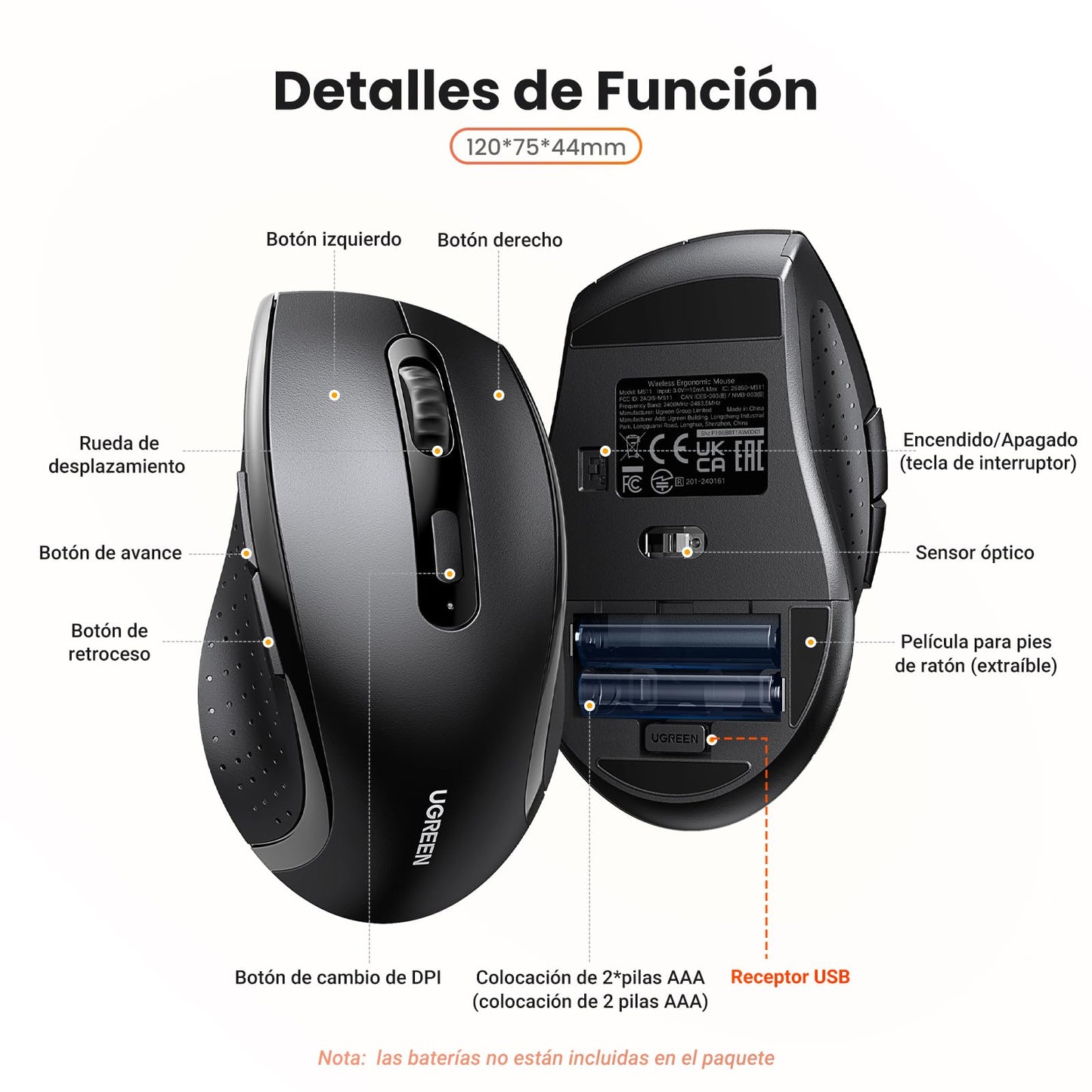 Mouse Inalámbrico UGREEN Negro Ergonómico con DPI Ajustable para PC y Portátil