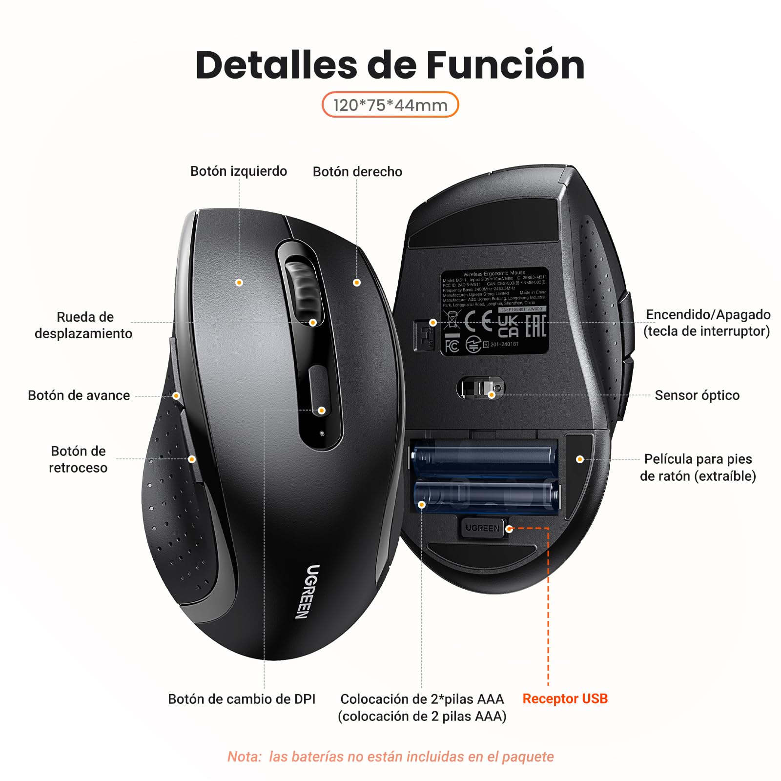 Mouse Inalámbrico UGREEN Negro Ergonómico con DPI Ajustable para PC y Portátil