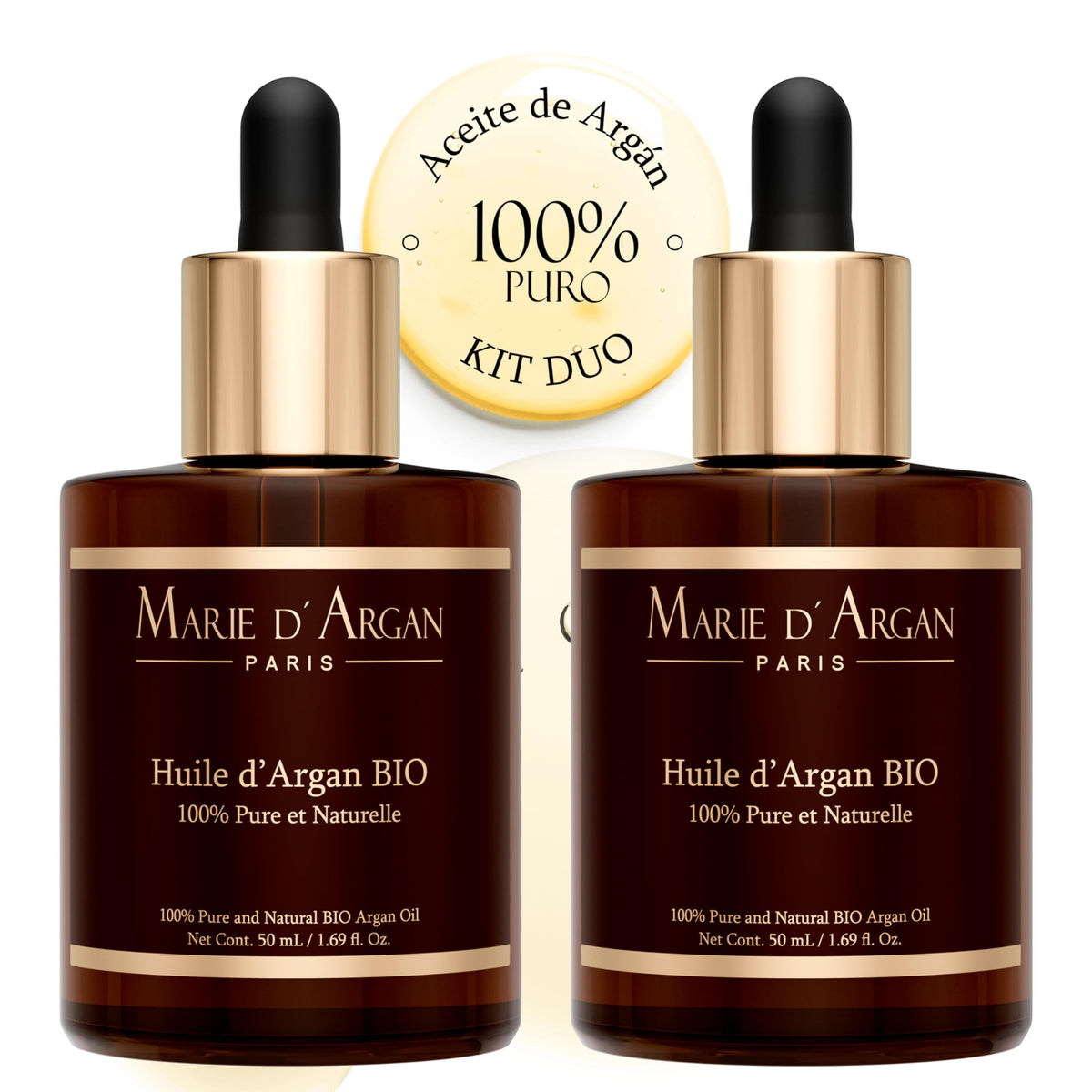 MARIE D' ARGAN Aceite De Argán 100% Puro 50ml 2 Piezas, Hidrata Rostro, Cuerpo, Cabello, Barba, Pestañas Y Uñas, Nutre, Repara Puntas Abiertas Y Aporta Elasticidad, Orgánico Vegano