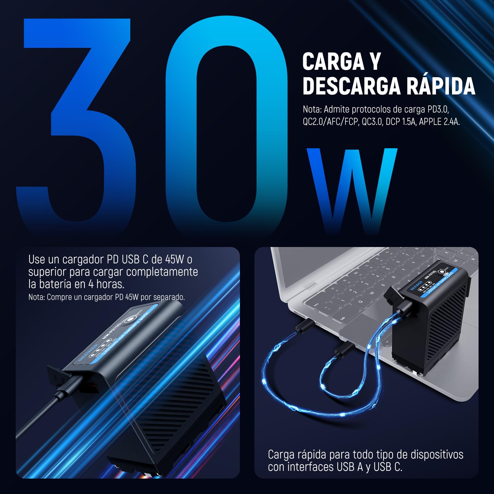 Batería Repuesto NEEWER Negro NP-F970 10500mAh con Carga Rápida para Sony, Canon, Nikon