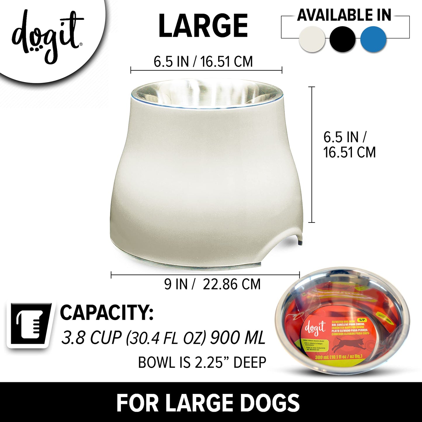 Tazón Elevado Dogit Blanco de Acero Inoxidable para Perros Grandes