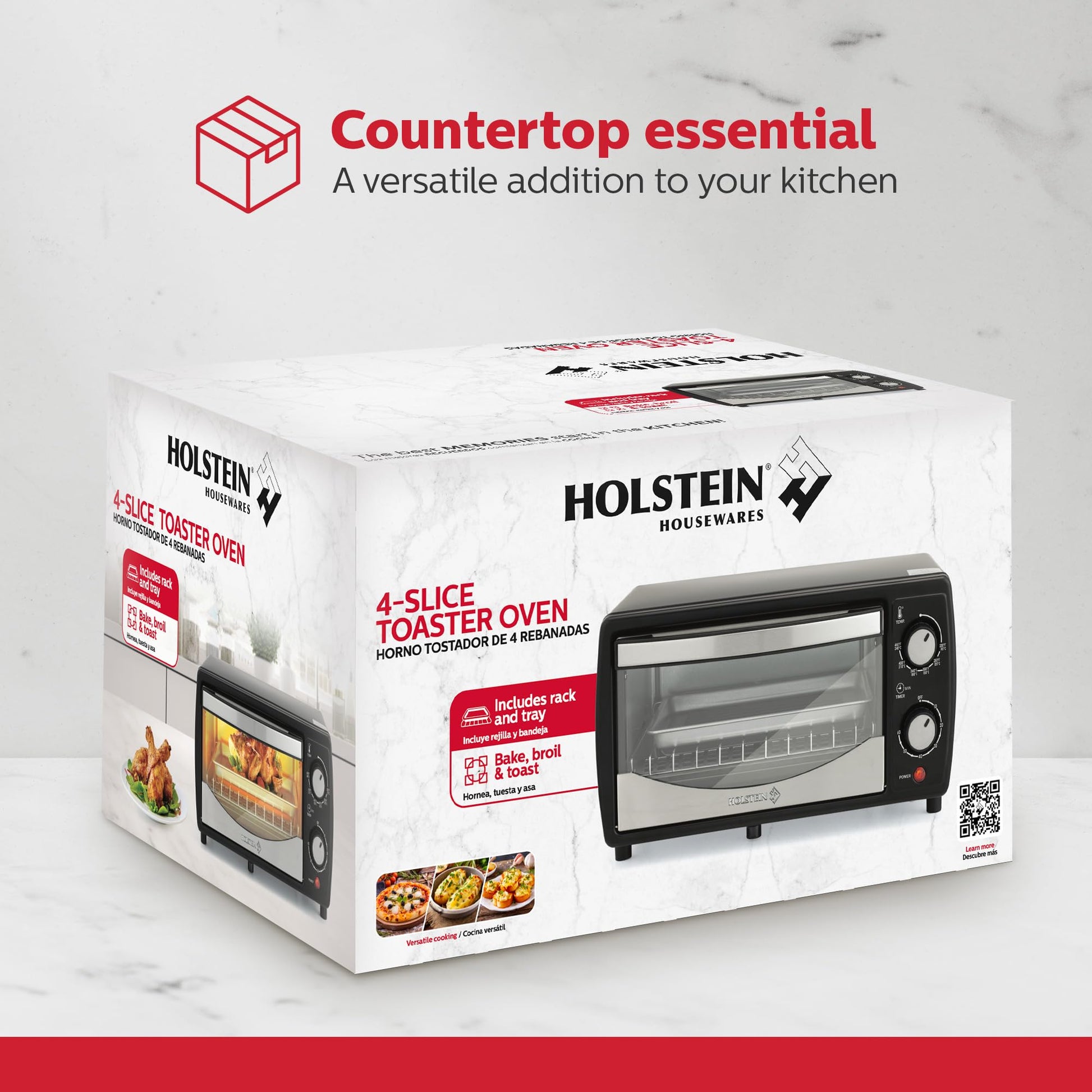 Holstein Housewares - Horno tostador de encimera de 4 rebanadas con temporizador de 60 minutos, incluye bandeja y estante de alambre, perfecto para hornear, asar y tostar, diseño compacto en negro