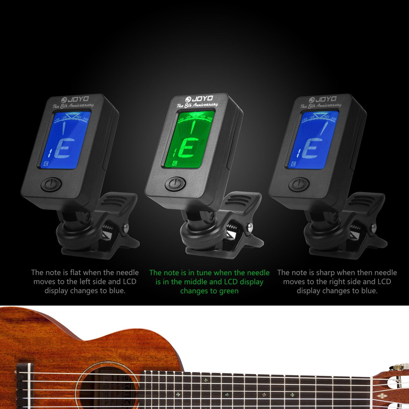 JOYO JT-01 Afinador Cromático de Clip para Guitarra, bajo, Ukulele y violín